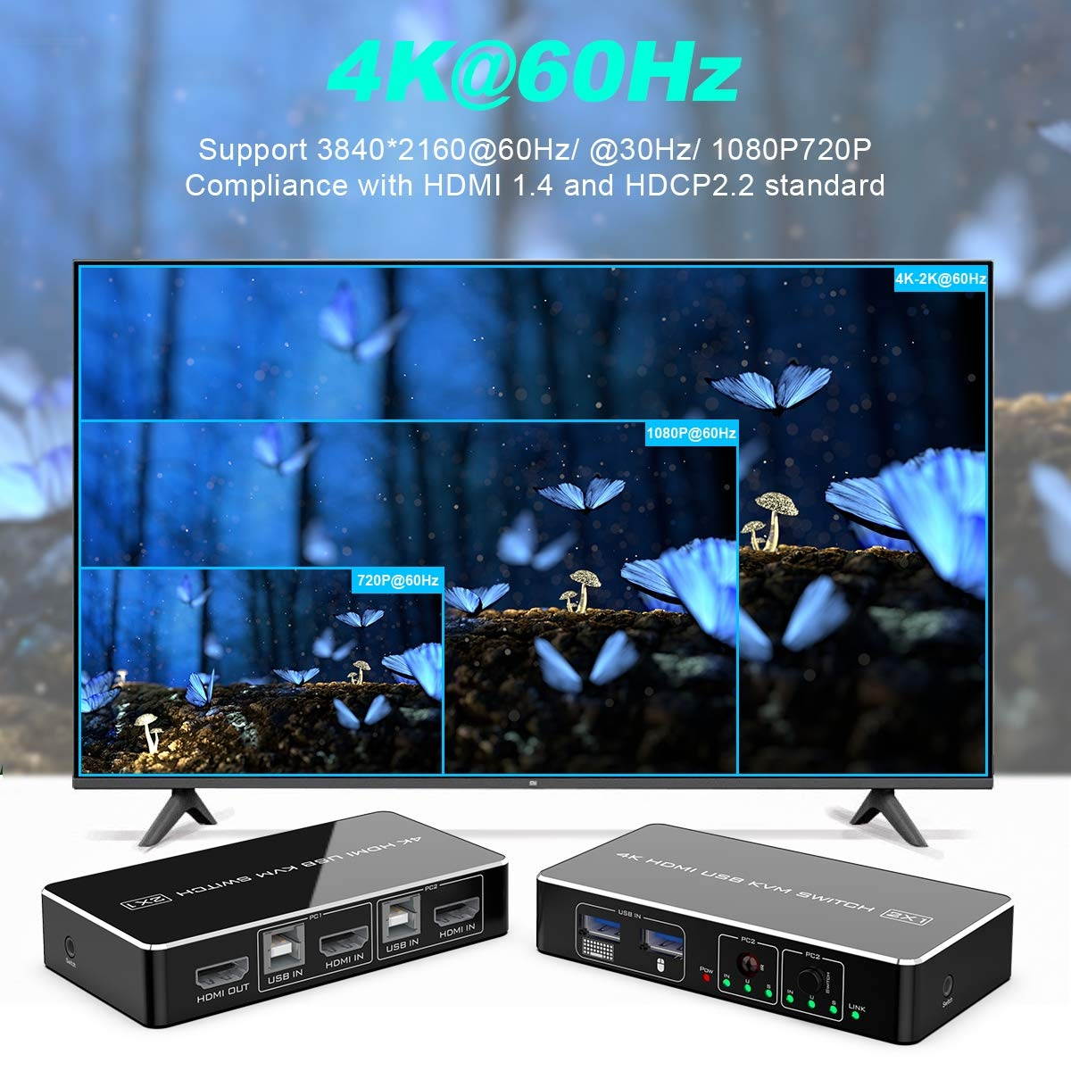 KVM Switch HDMI 2 Port Box, UHD 4K (3840x2160) & 1080P 3 Switching Modes Supported,3 USB 2.0 Hub for Mouse Keyboard Printer PCs with 1 Switch Cable and 2 USB Cables