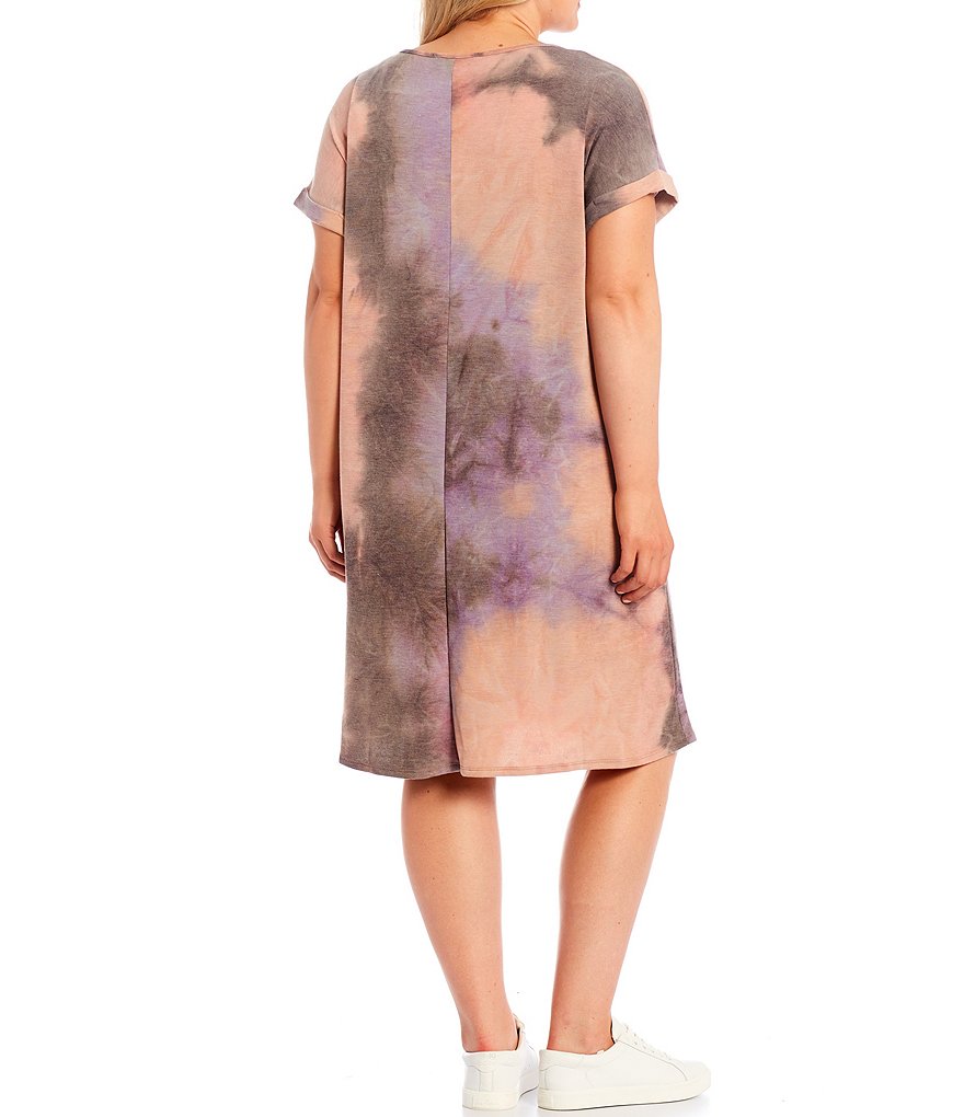 Moa Moa Plus Size Tie-Dye V-Neck Short Cuffed Sleeve Knit Dress