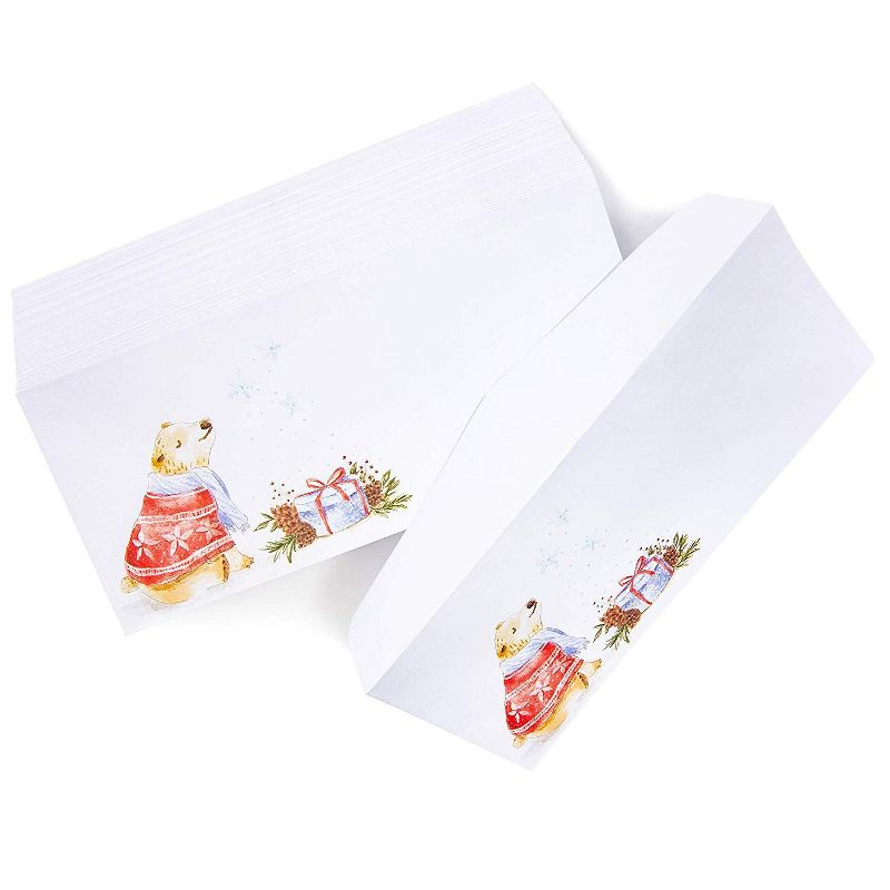 Sustainable Greetings 100-Pack #10 Size Holiday Christmas Envelopes, Winter Bear Theme (9.5 x 4.15 In)