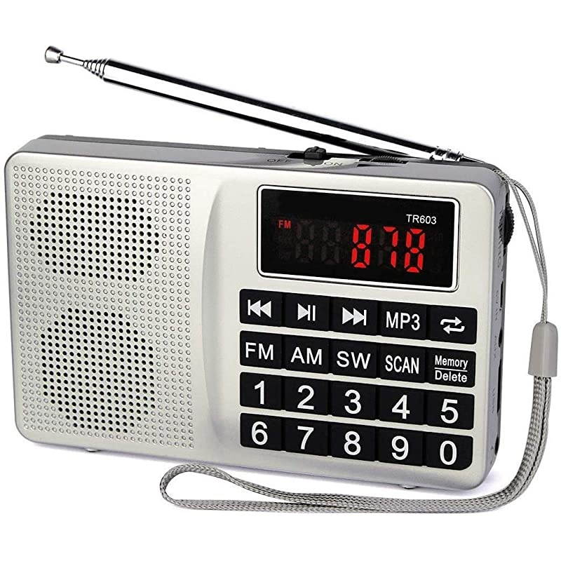 TR603 Radios Portable AM FM, Short Wave Band Radio, Digital Radio Support TF, USB, AUX Input, with Preset Button and 5W Speaker (Sliver)