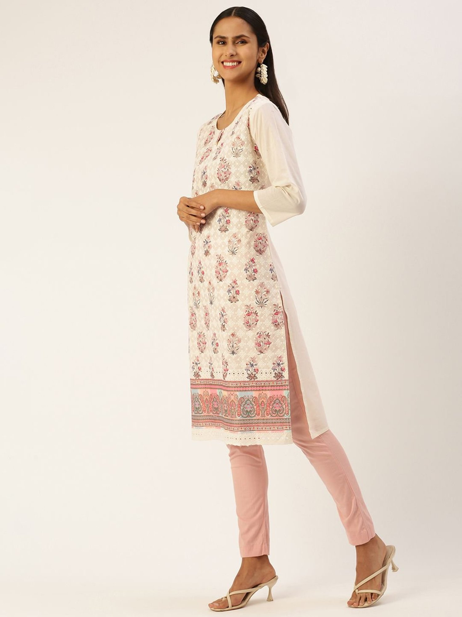 SHANVIKA Cream Embroidered Cotton Straight Kurta