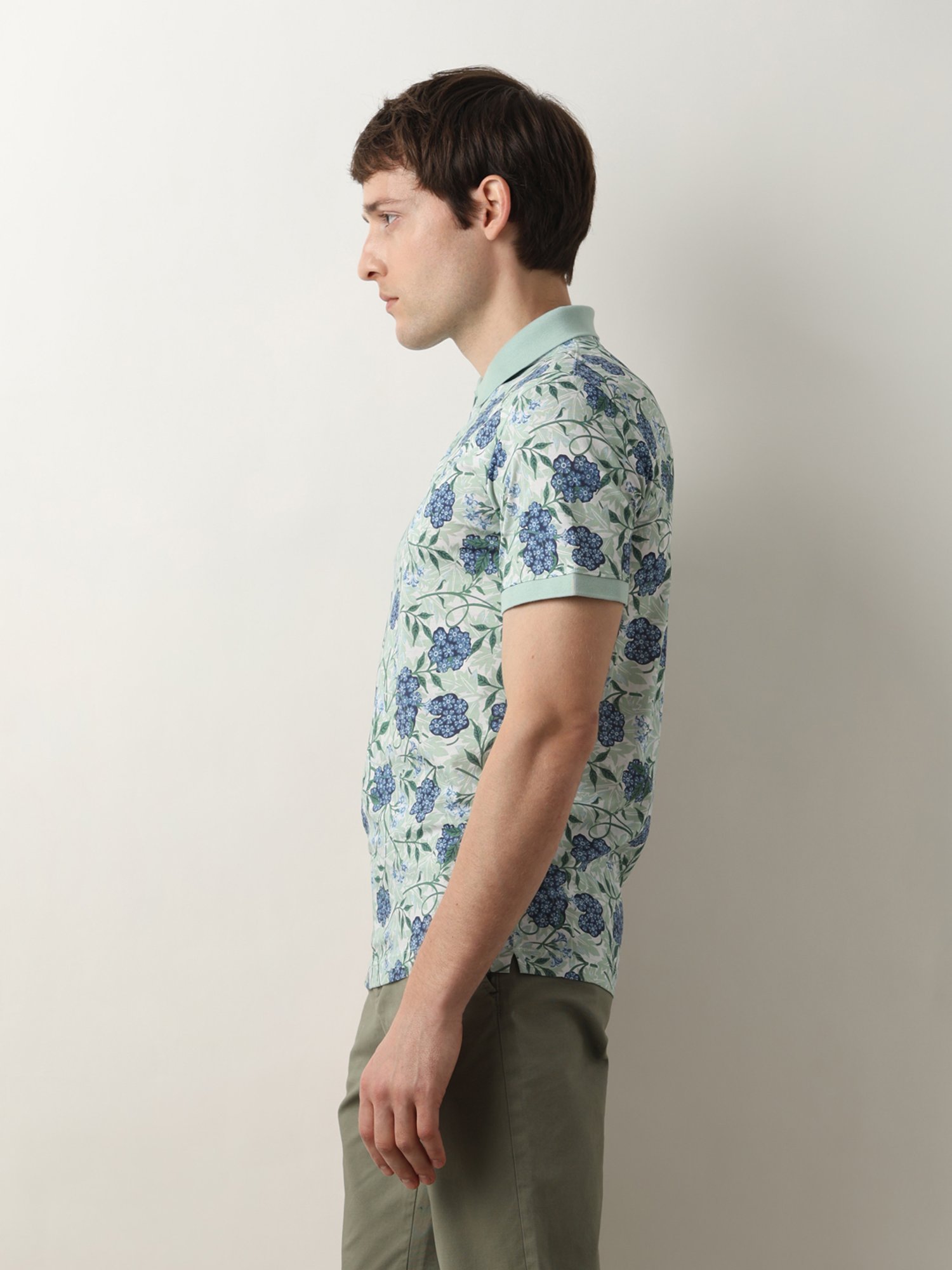 SELECTED HOMME Mint Green Slim Fit Floral Print Cotton Polo T-Shirt