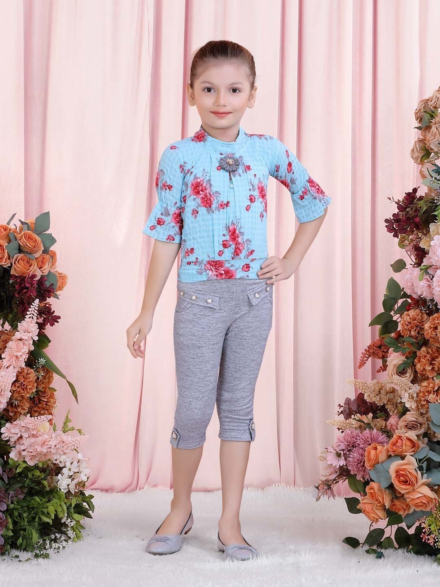 poplins Kids Blue & Grey Cotton Floral Print Top Set