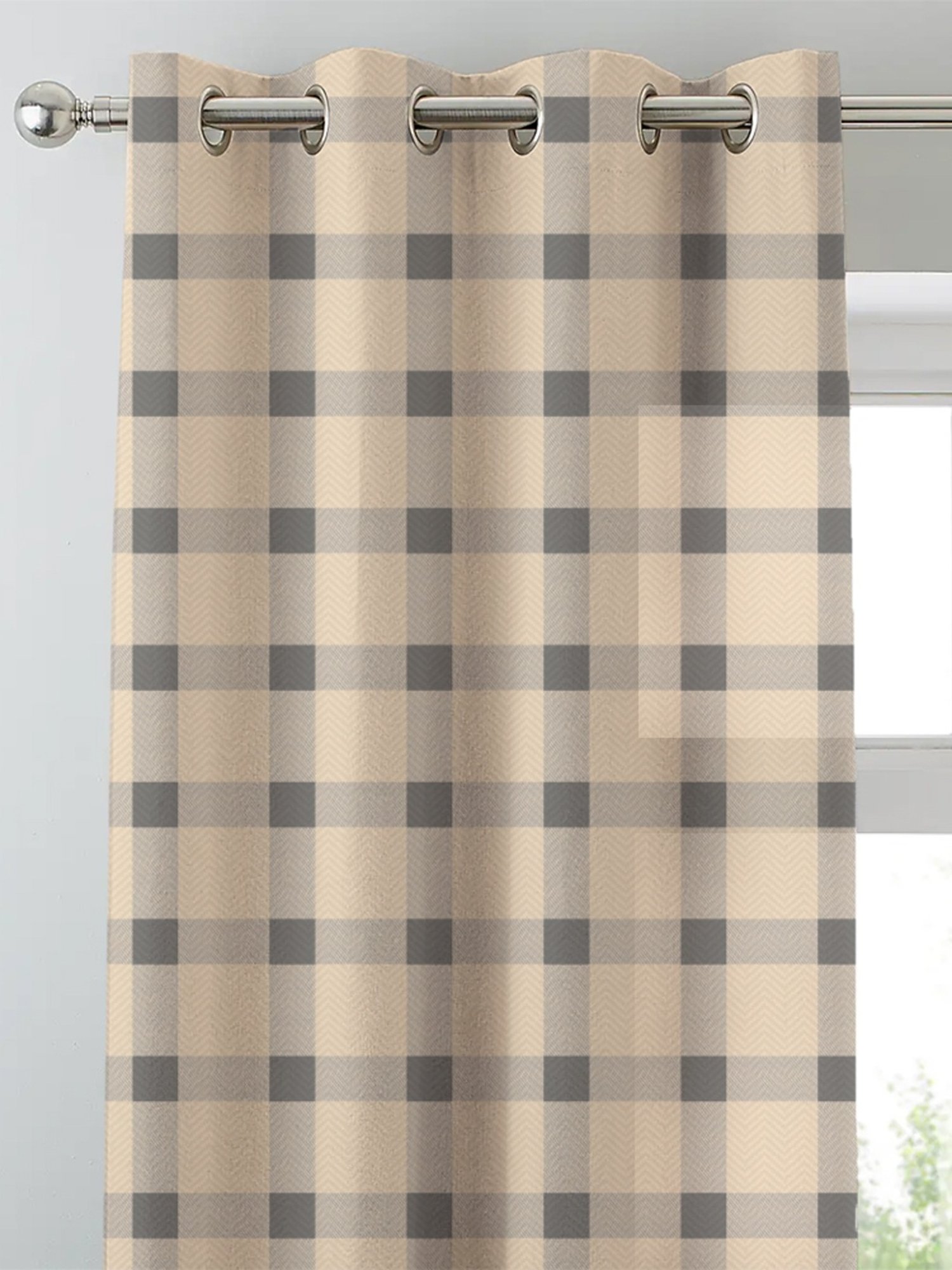 SPACES DRAPE STORY Boho Checks Beige & Grey Polyester 5 ft Window Curtains - Set of 2