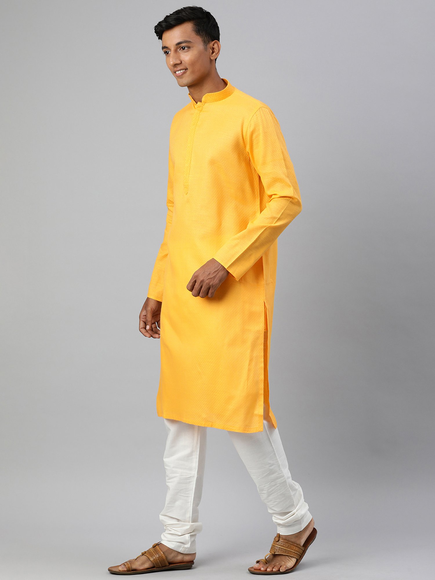 Manthan Yellow & White Regular Fit Self Design Kurta & Churidar Set