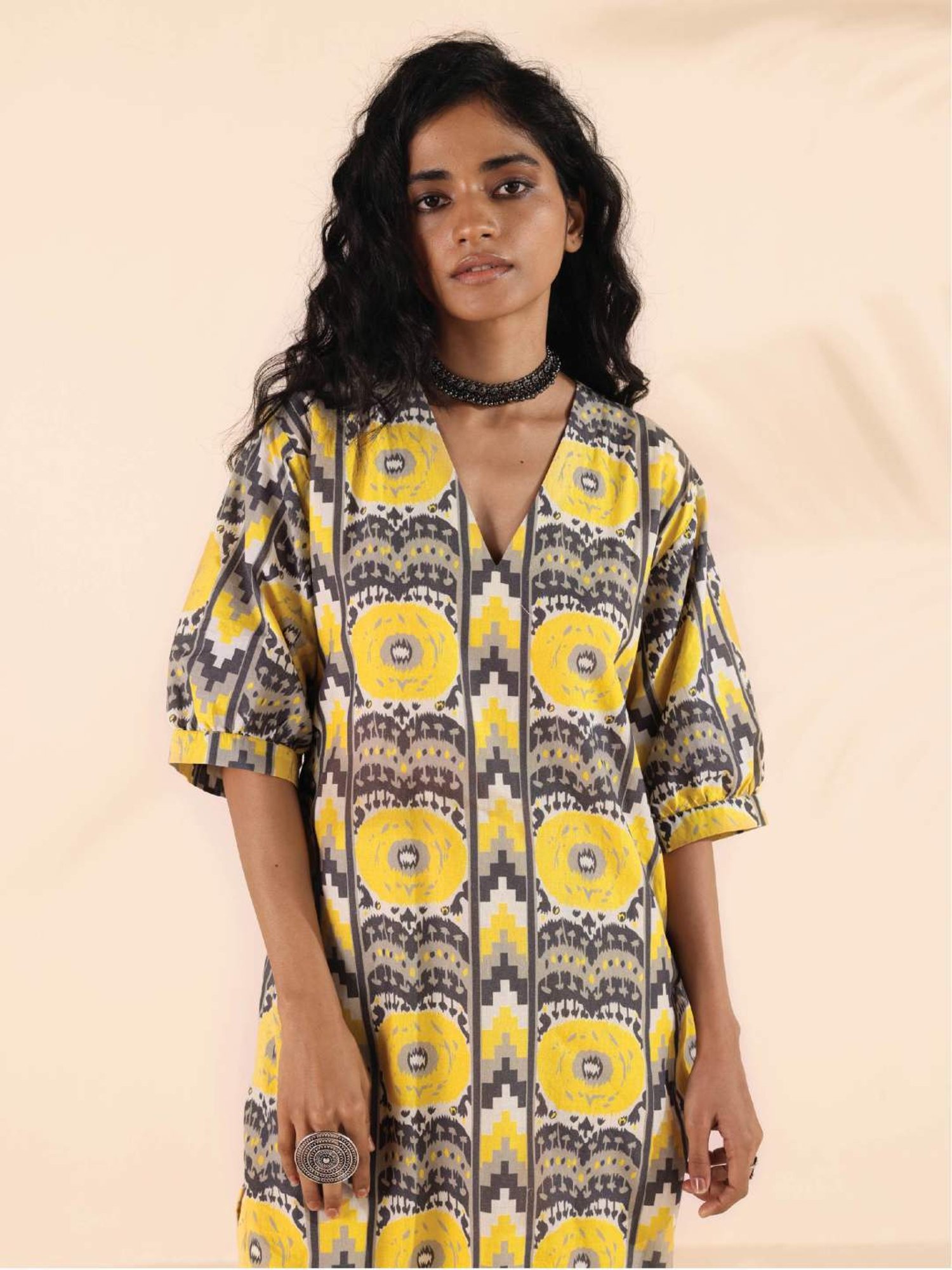true Browns Grey & Yellow Printed A-Line Dress