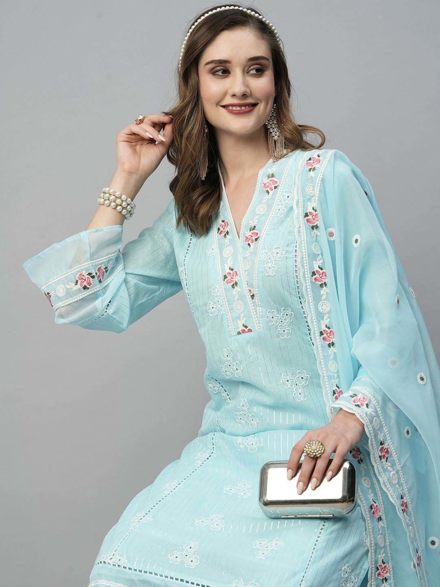 Heeposh Blue Cotton Embroidered Kurta Palazzo Set With Dupatta