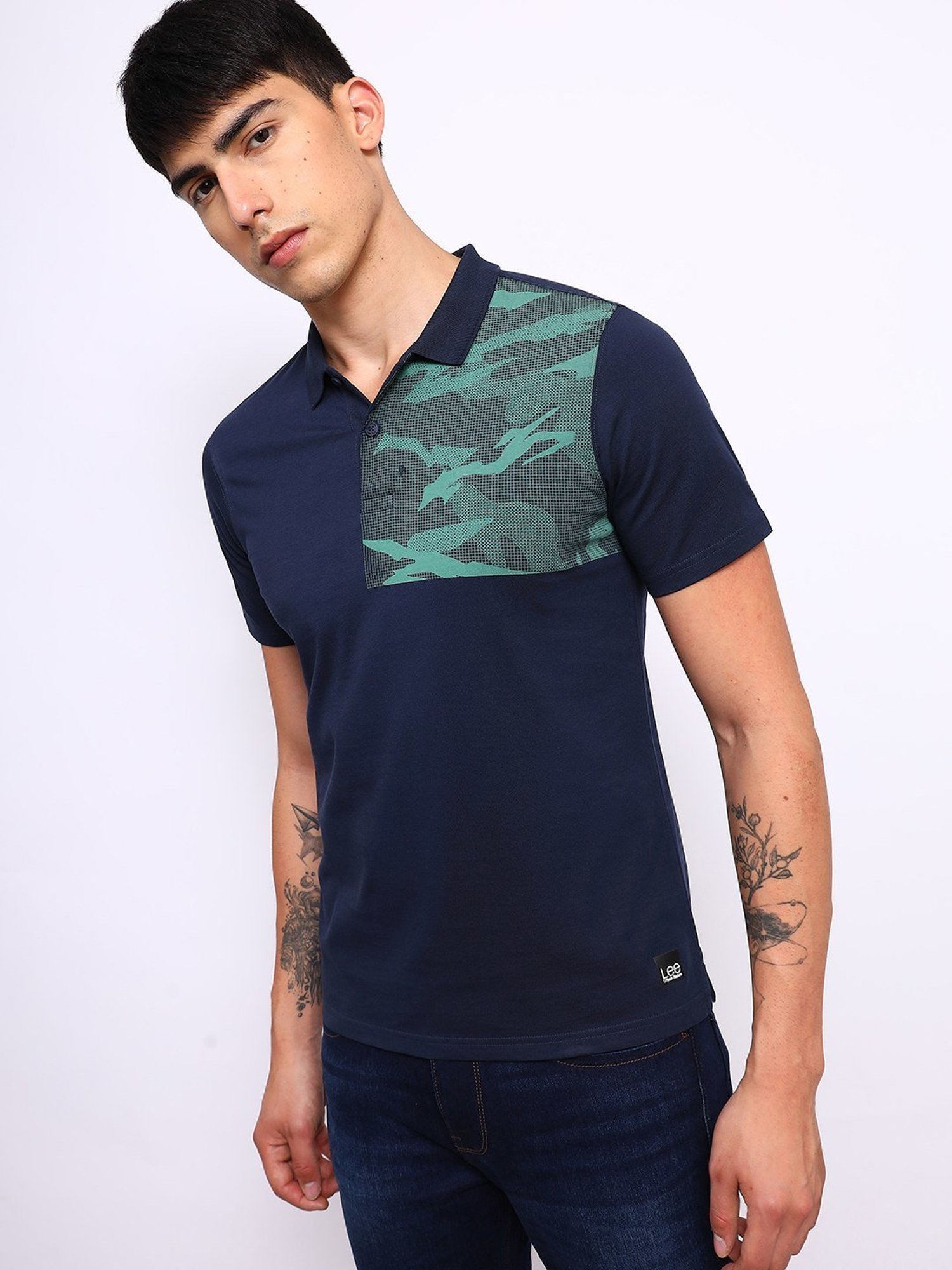 Lee Navy Cotton Slim Fit Printed Polo T-Shirt