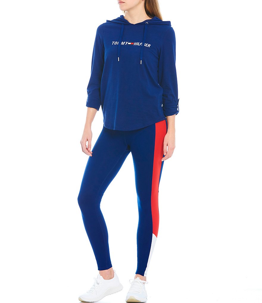 Tommy Hilfiger Sport Hooded Roll Tab Long Sleeve Embroidery Logo Tee