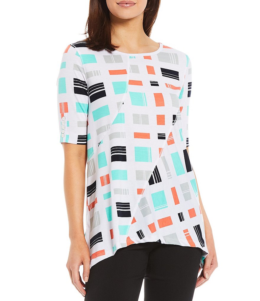 Ali Miles Petite Size Long Roll-Tab Sleeve Round V-Neck Pucker Knit Asymmetrical Tunic