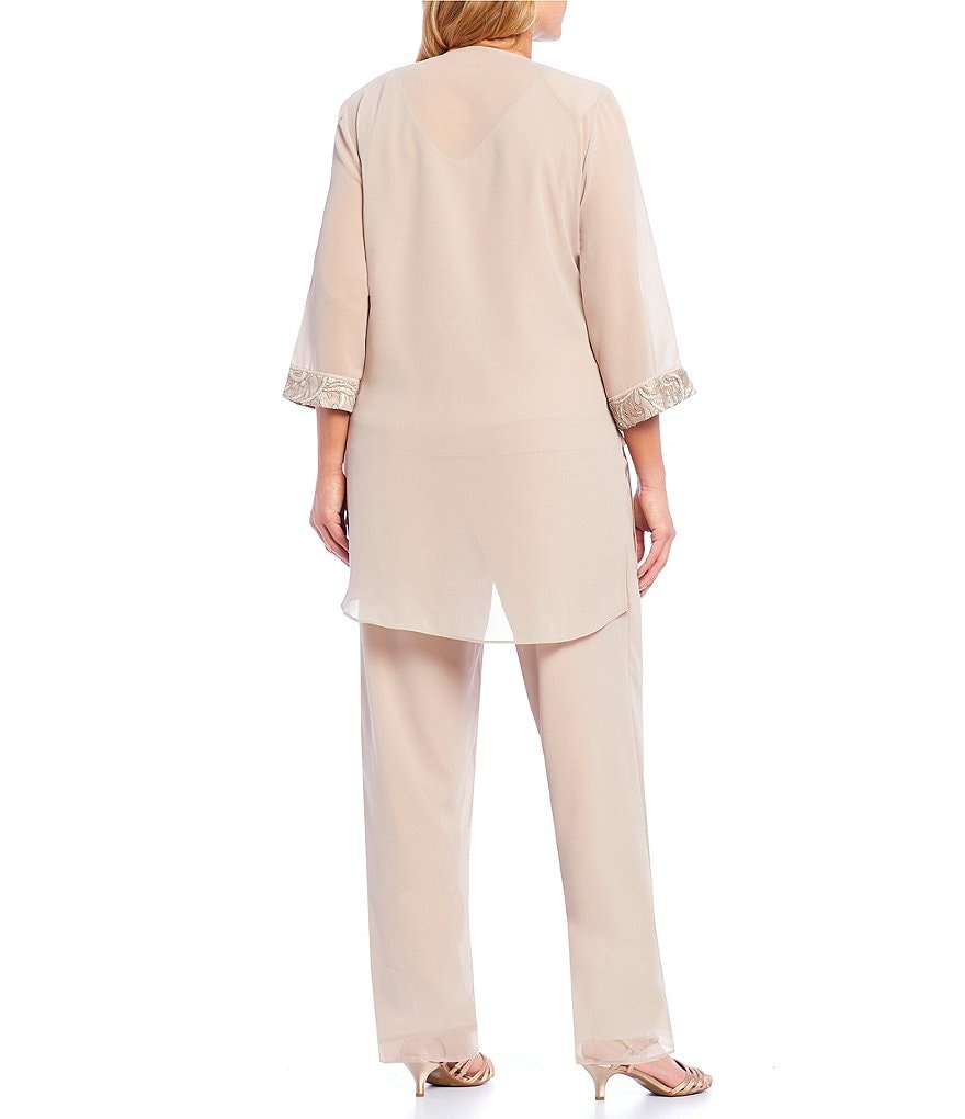 Le Bos Plus Size Round Neck 3/4 Sleeve 3-Piece Embroidered Trim Duster Pant Set