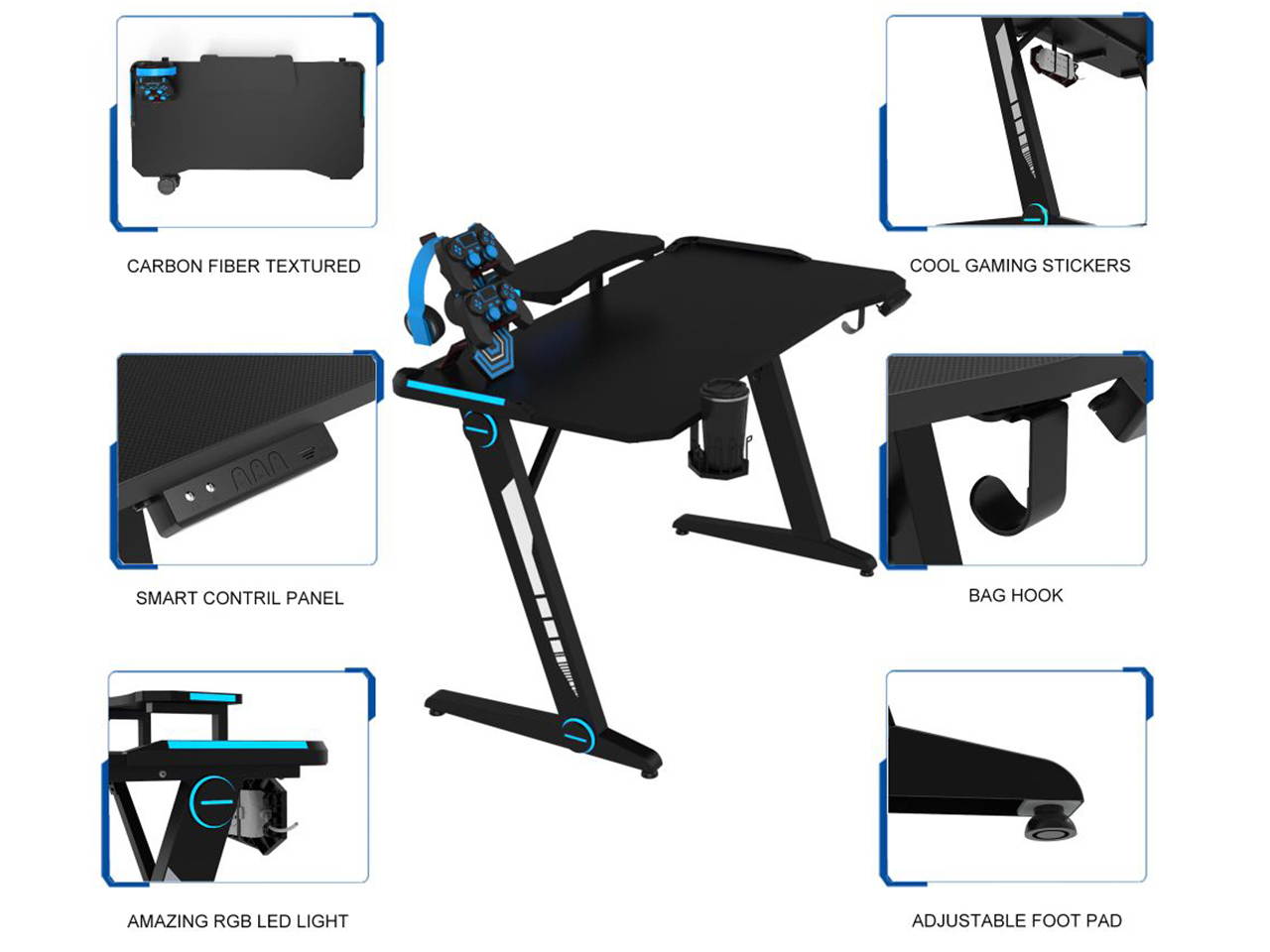 Gaming Desk, Z-Shaped Computer Desk Gamer Workstation with Monitor Stand&Carbon Fiber Surface, Gamer Table with RGB Lights,Cup Holder, Headphone Hook&Plug Board Holder