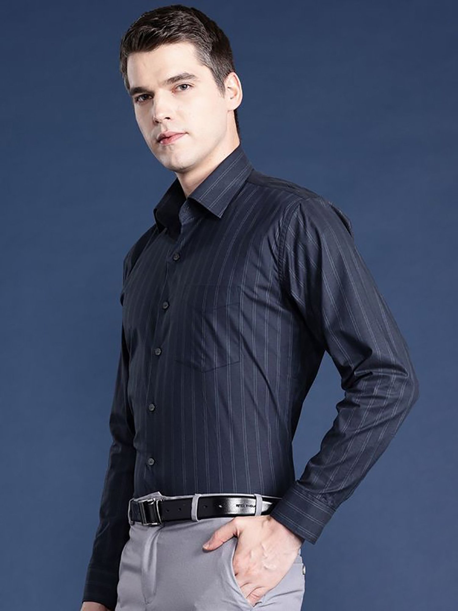 Hancock Navy Cotton Slim Fit Stripes Shirts
