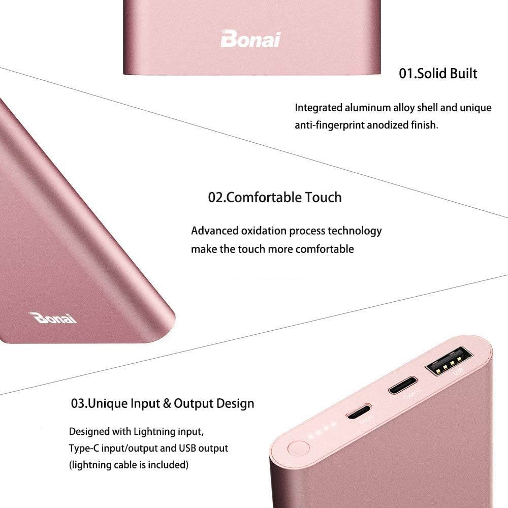 BONAI Portable Charger (Aluminum)(Powerful) 12000mAh Power Bank USB C High-Speed 3.0A Input/Output External Battery Pack Compatible with iPhone iPad Samsung Android-Blush Gold