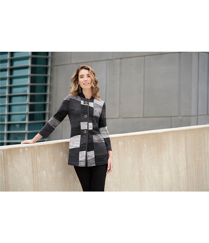 Ming Wang Melange Colorblock Knit Toggle Closure Round Jewel Neck 3/4 Sleeve Jacket