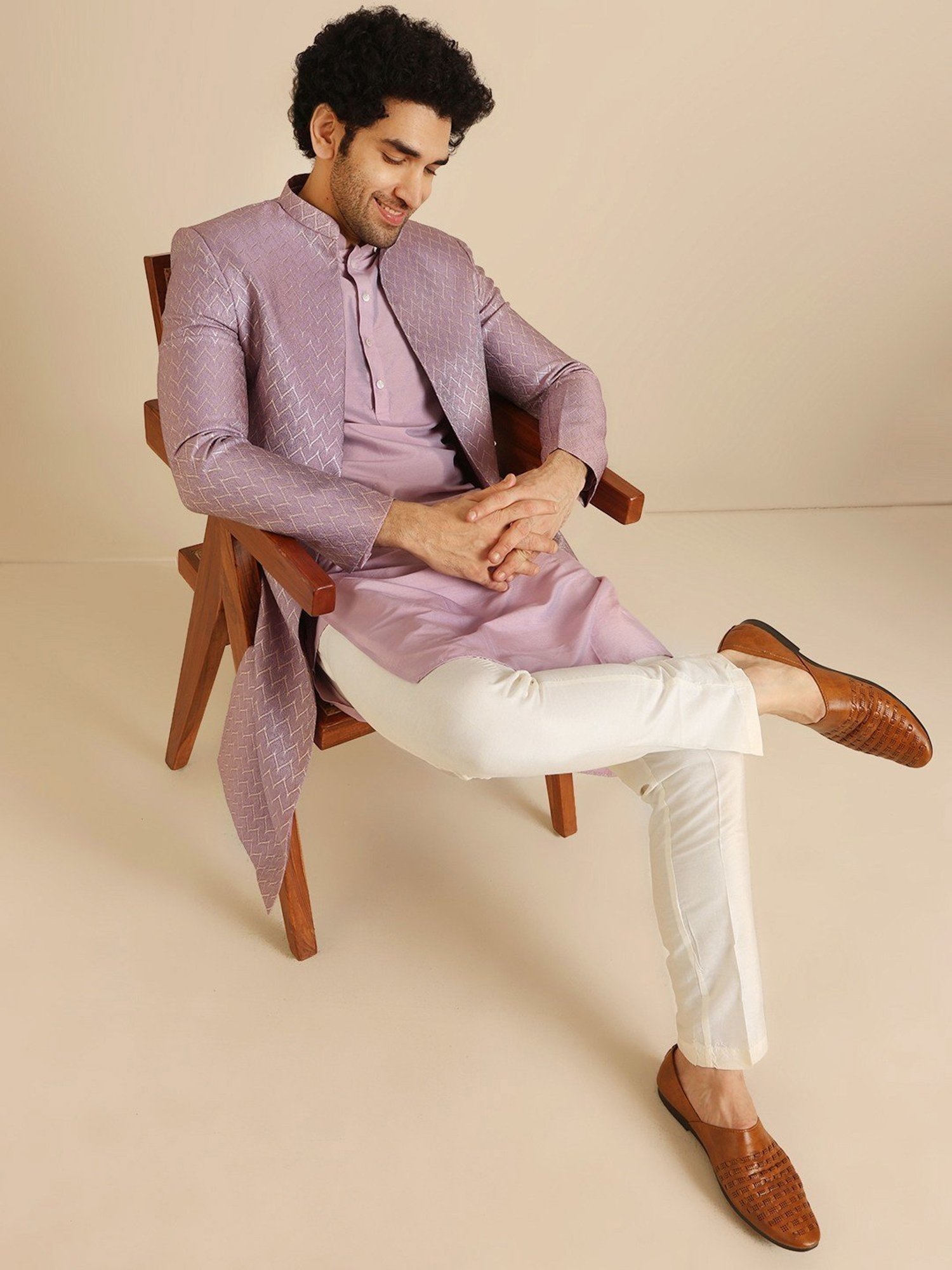 Hangup Plus Beige & Black Regular Fit Printed Sherwani Set