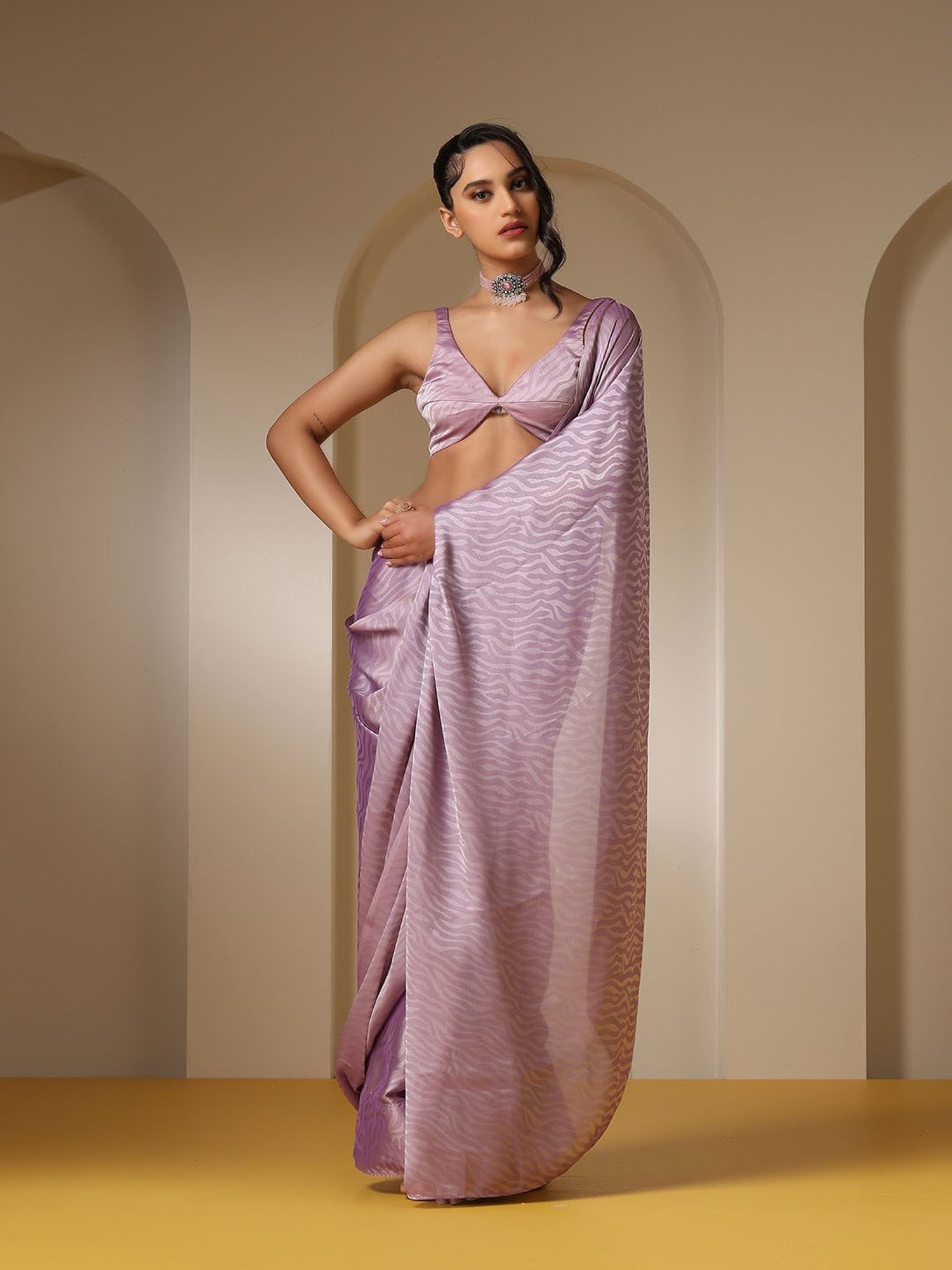 Swtantra Lavender Satin Saree With Unstitched Self Blouse