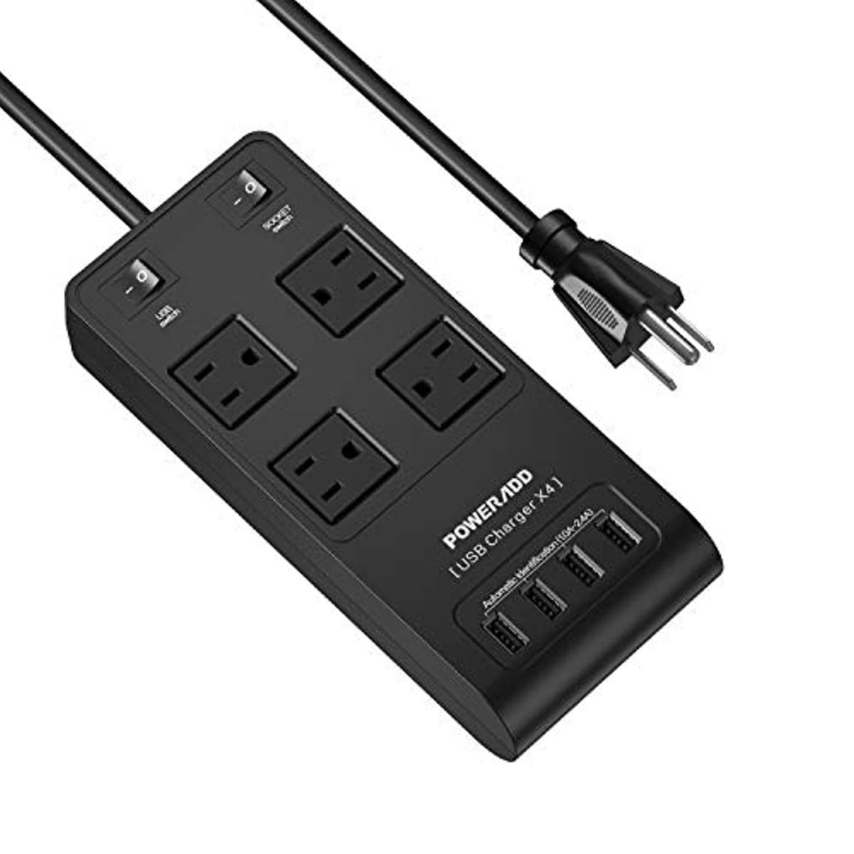 POWERADD Power Strip Surge Protector 3500J 4-Outlets 4 Fast Charging USB Ports 6ft Extension Cord with UK/AU/EU Adapter for International Travel,Home Appliance,Office,Computer,Printor,Phones