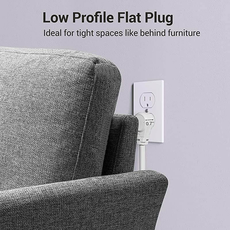 6Outlet Power Strip Surge Protector Long Extension Cord Low Profile Flat Plug and 15 Amp Circuit Breaker 500 Joules Wall Mount UL Listed 15 Foot White