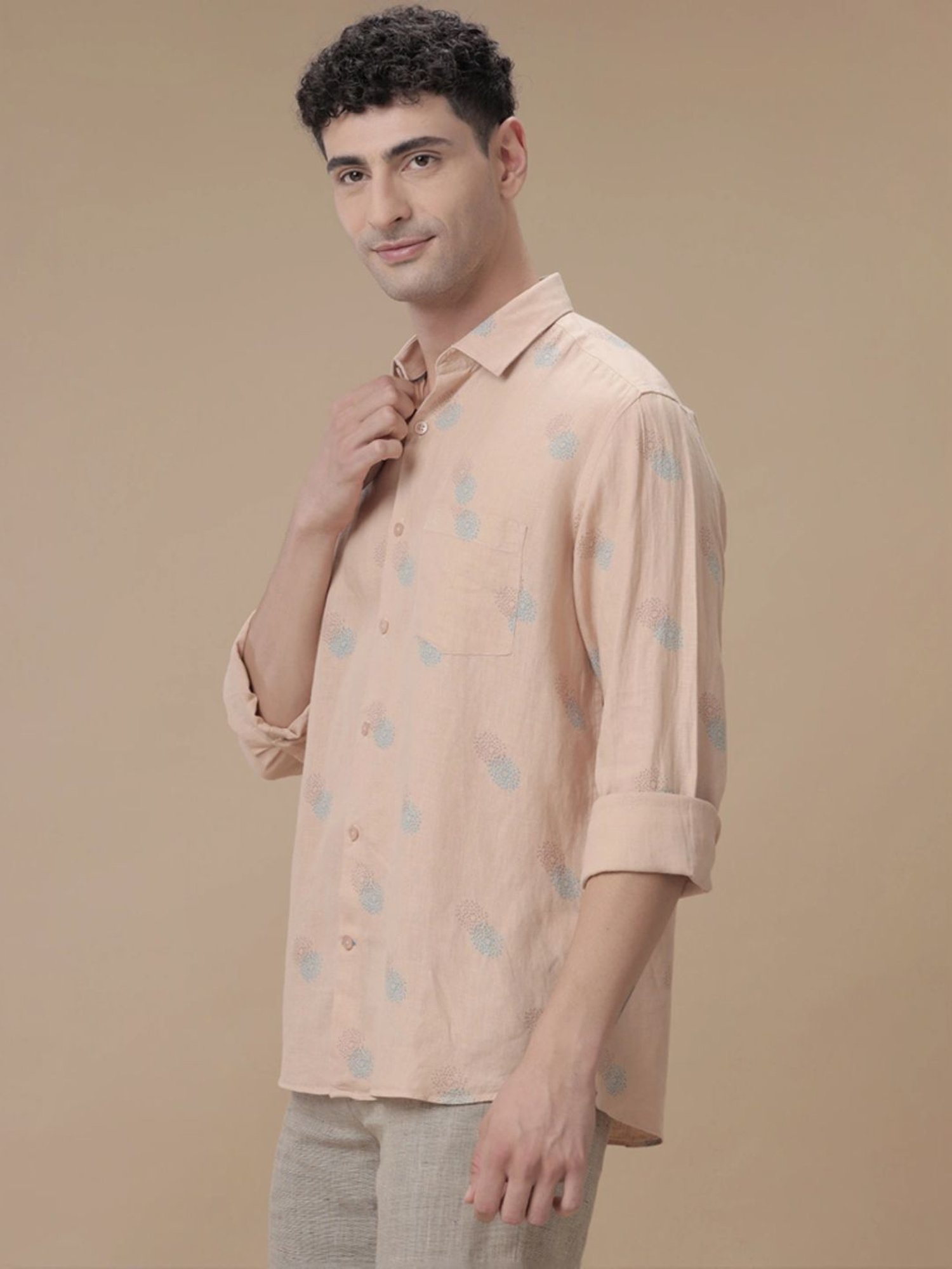 Linen Club Peach Linen Contemporary Fit Printed Shirt