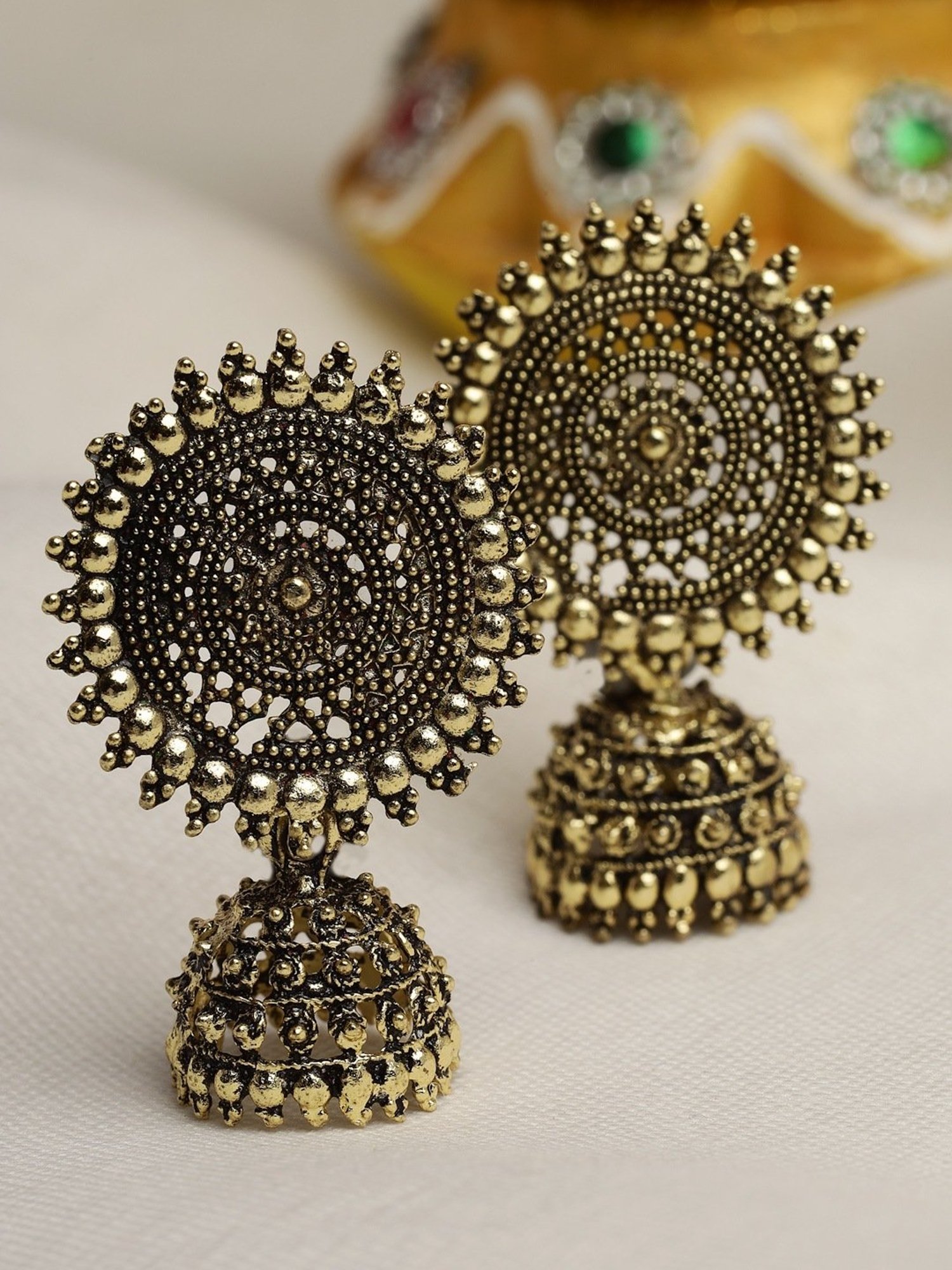 Moedbuille Antique Floral Design Oxidized Gold-Plated Handcrafted Filigree Jhumki Earrings