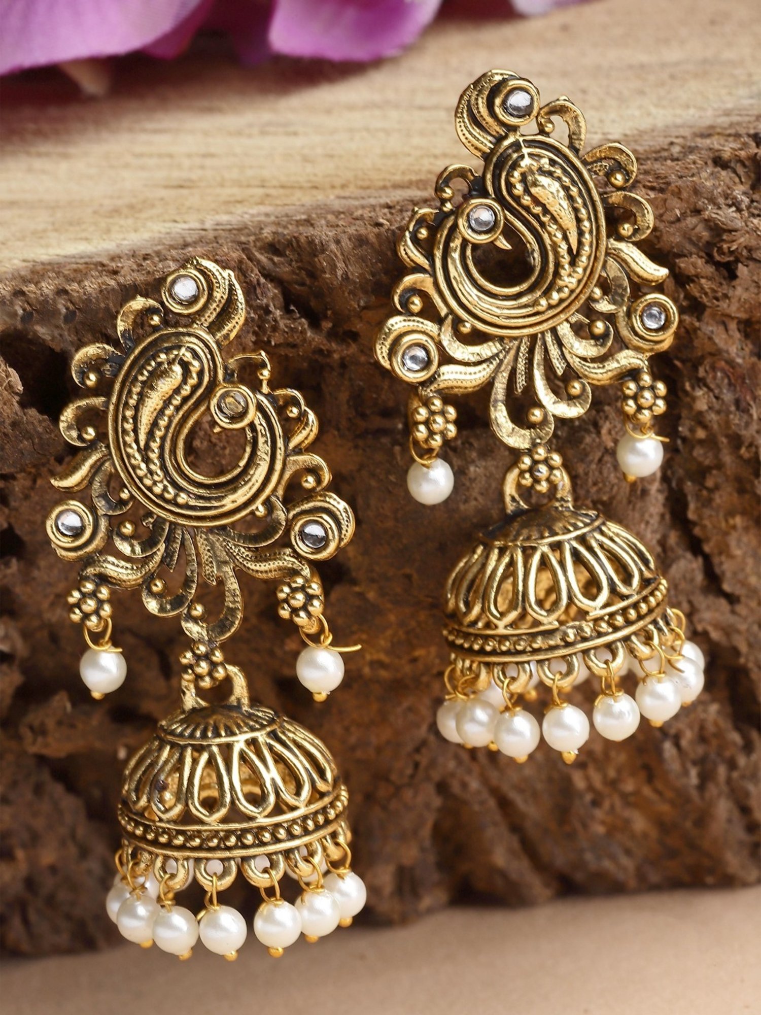 Karatcart Antique Gold Plated Pearl Studded Jhumki Earrings for Women