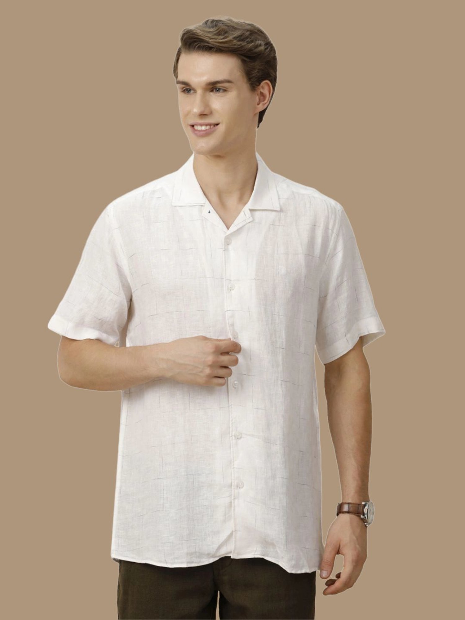 Linen Club White Linen Contemporary Fit Checks Shirt