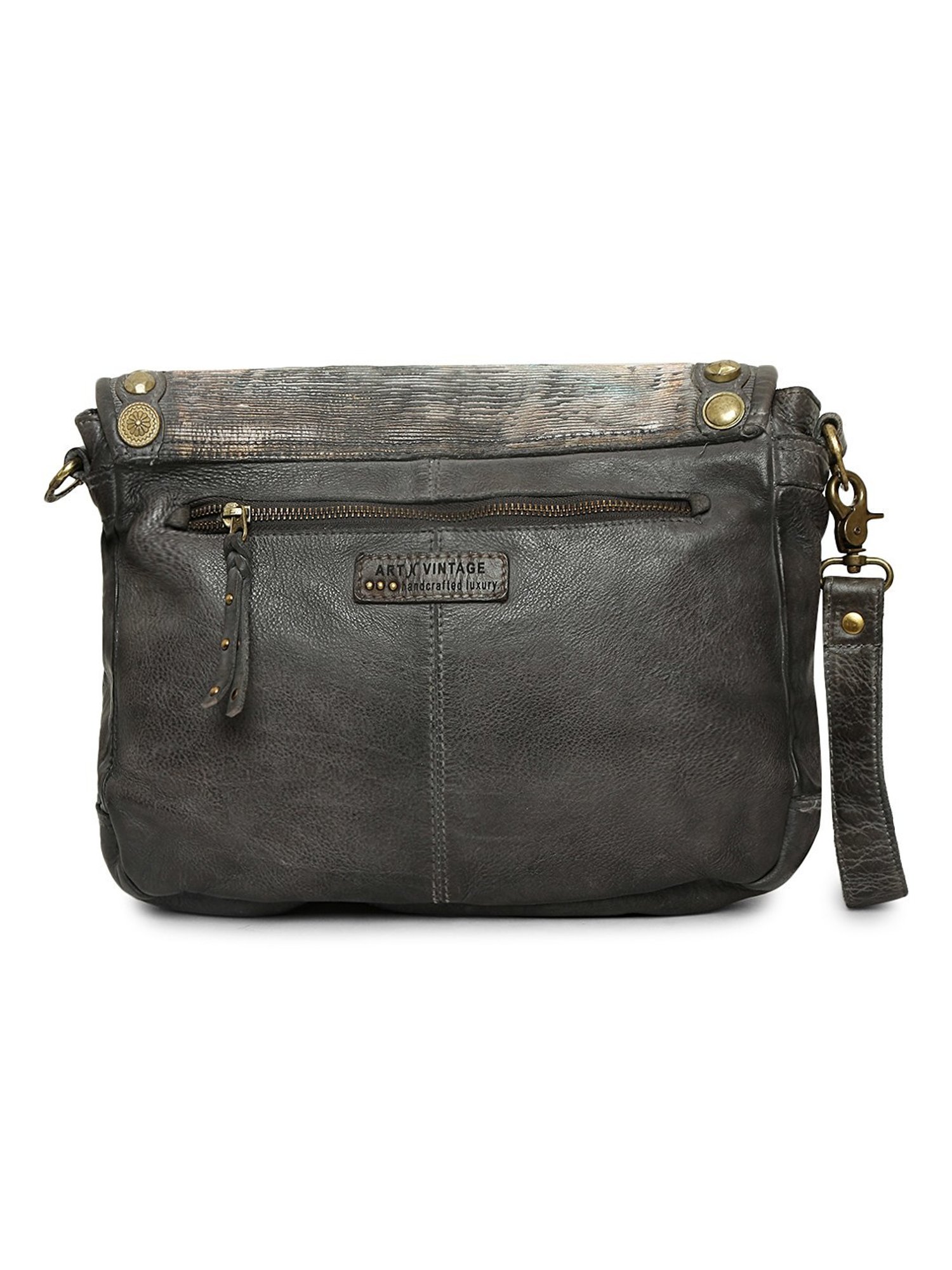 Art N Vintage Silvia Grey Leather Embellished Medium Sling Handbag