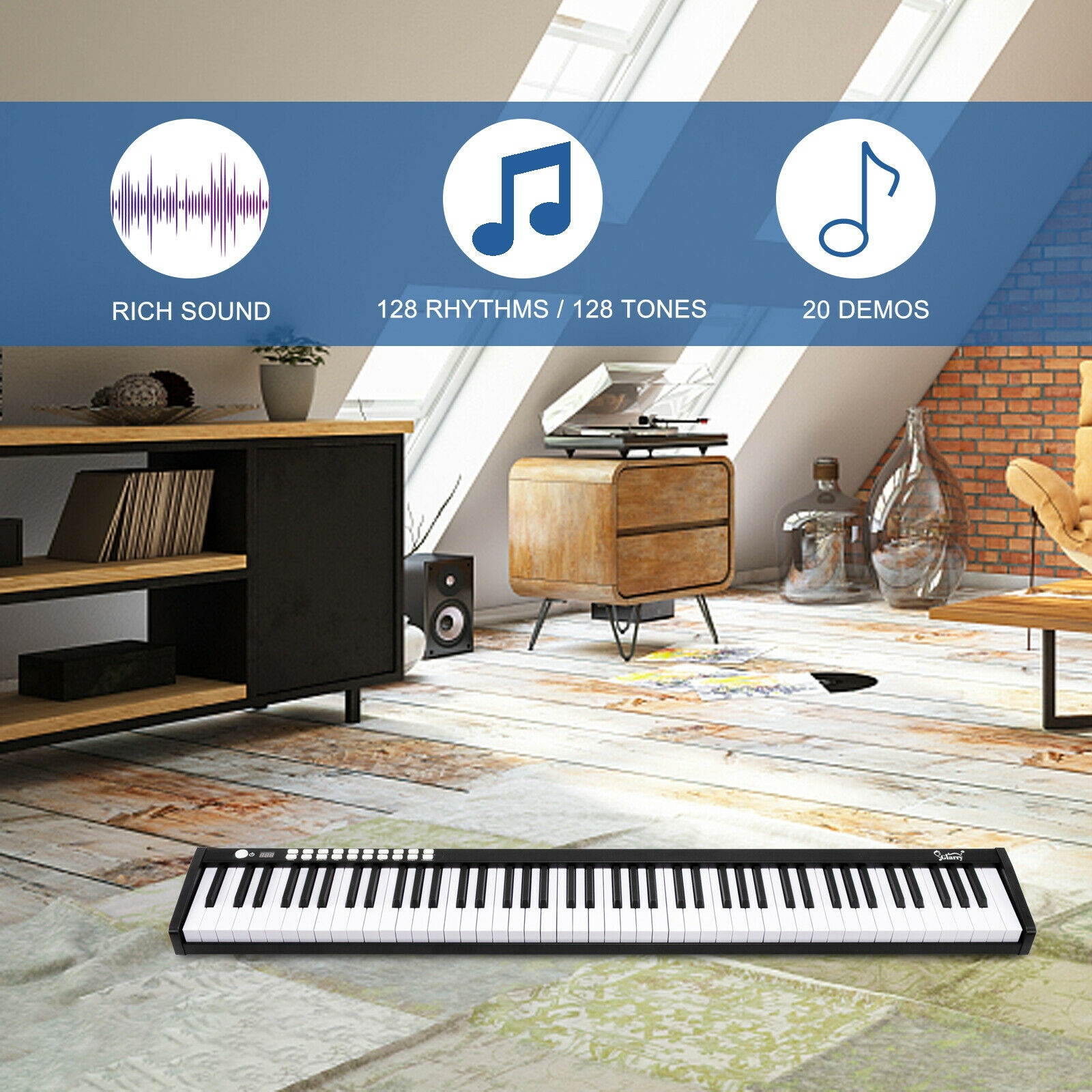 Lighted Portable 88 Key Piano Keyboard Electric Home  Bluetooth Black