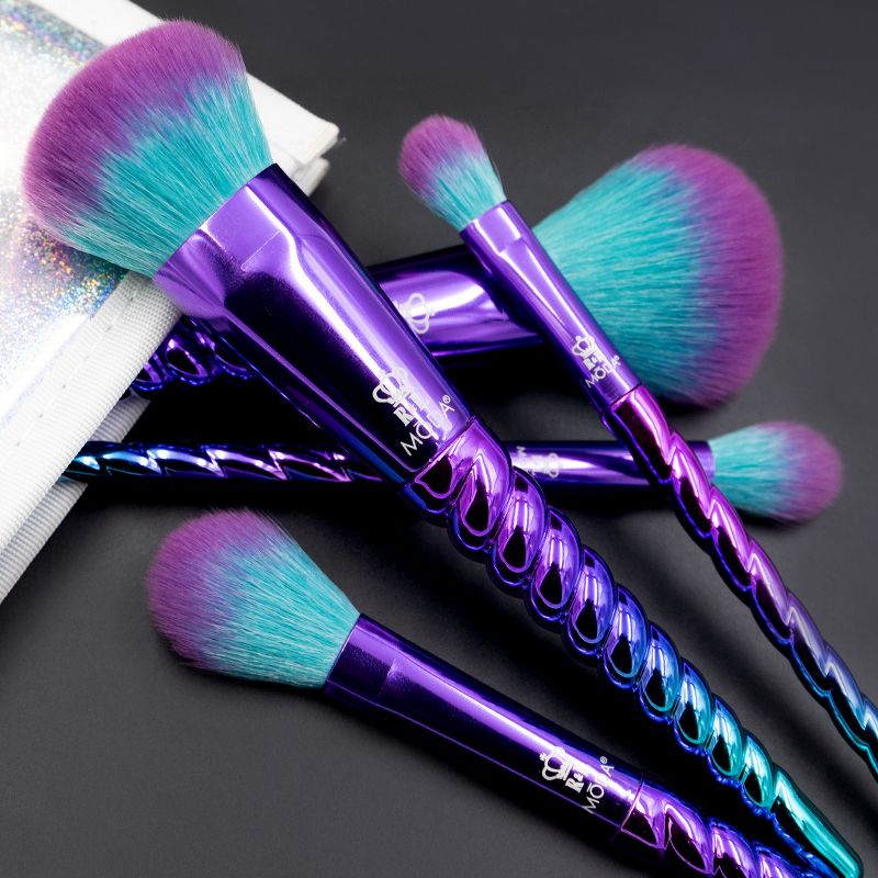 MODA Brush Mythical 6pc Celestial Blue Travel Makeup Brush Set with Holographic Flip Case, Includes - Powder, Complexion, Highlight and Glow, and Crease Brushes