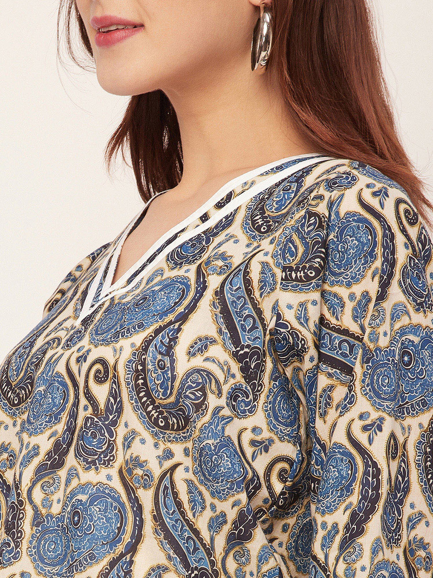 Moomaya Cream & Blue Cotton Printed Top