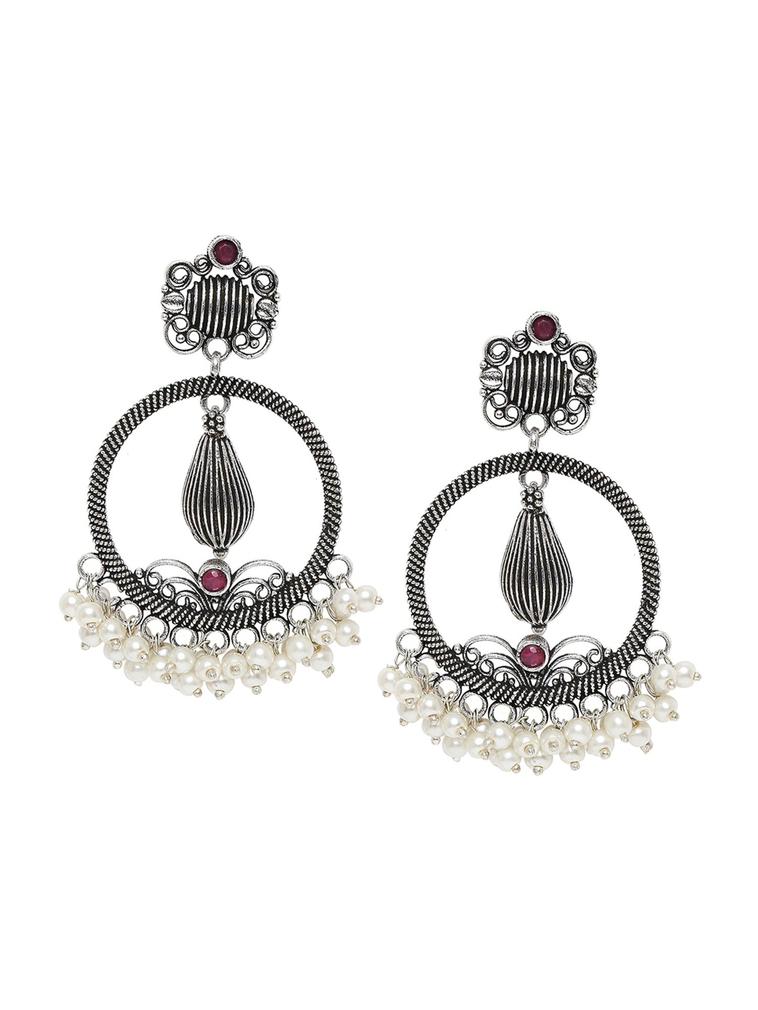 OOMPH Jewellery Oxidized Silver Look Alike Maroon Stone Round Floral Ethnic Dangler