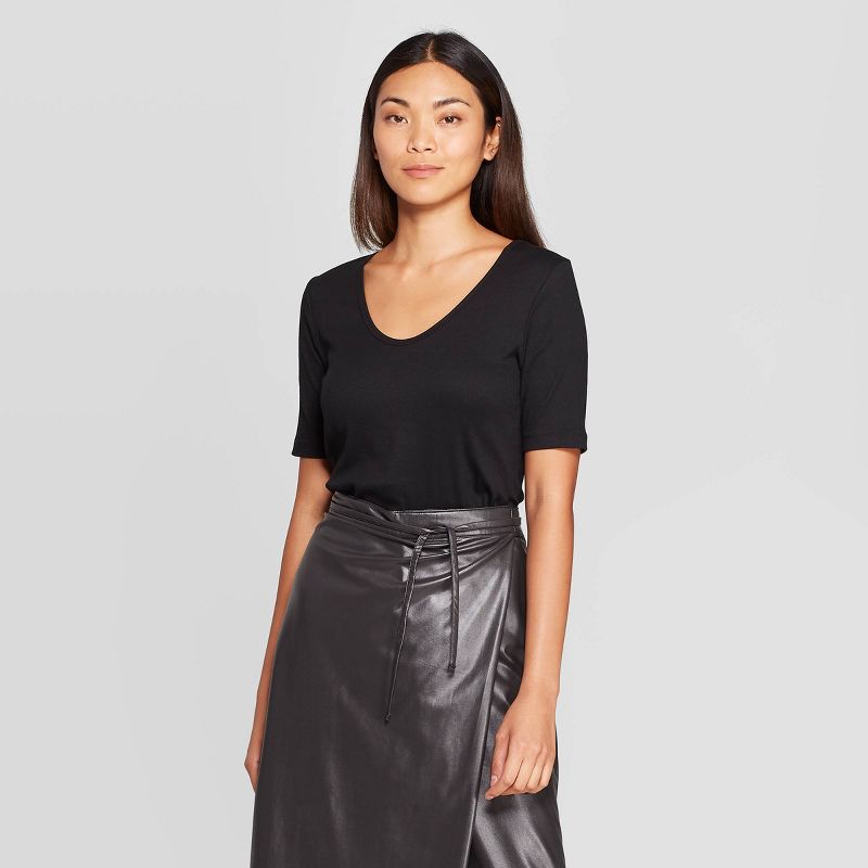 Women's Short Sleeve Scoop Neck Essential Fitted Knit T-Shirt - Prologue™ Black XS