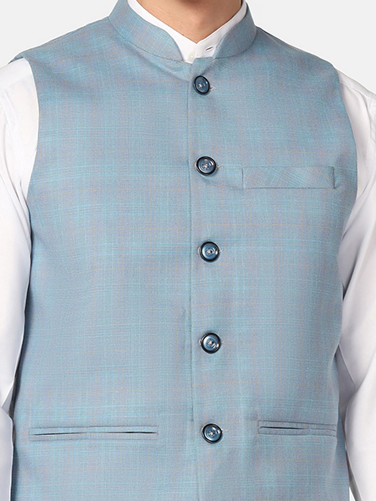 TAHVO Light Blue Slim Fit Check Nehru Jacket