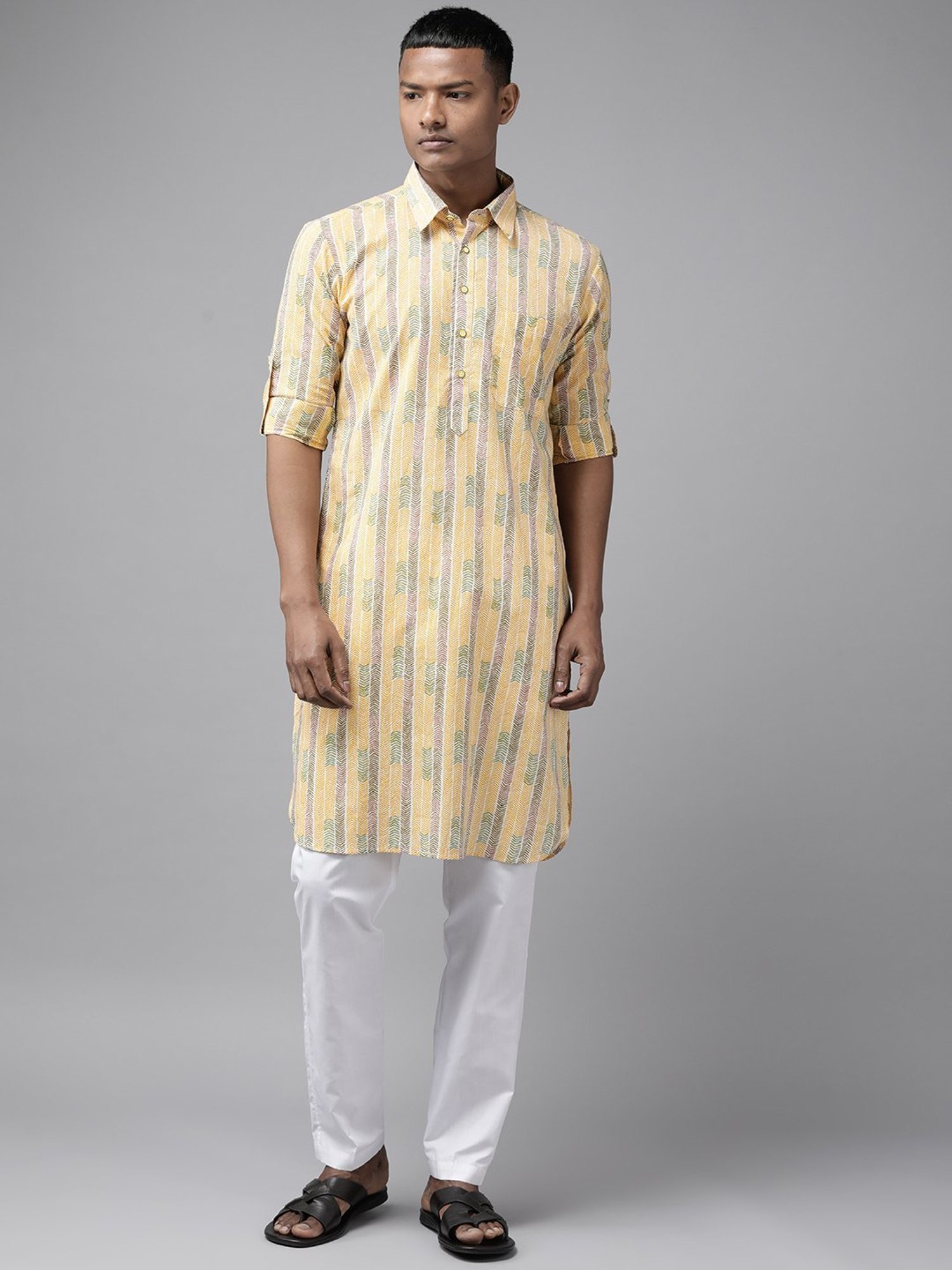 See Designs Yellow & White Cotton Regular Fit Printed Kurta Bottom Set