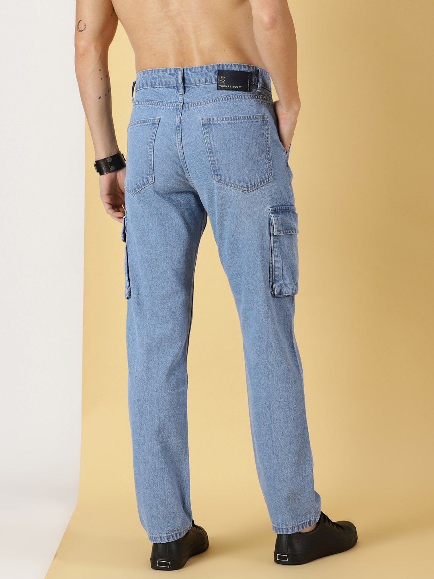 Thomas Scott Light Blue Cotton Relaxed Fit Cargo Jeans