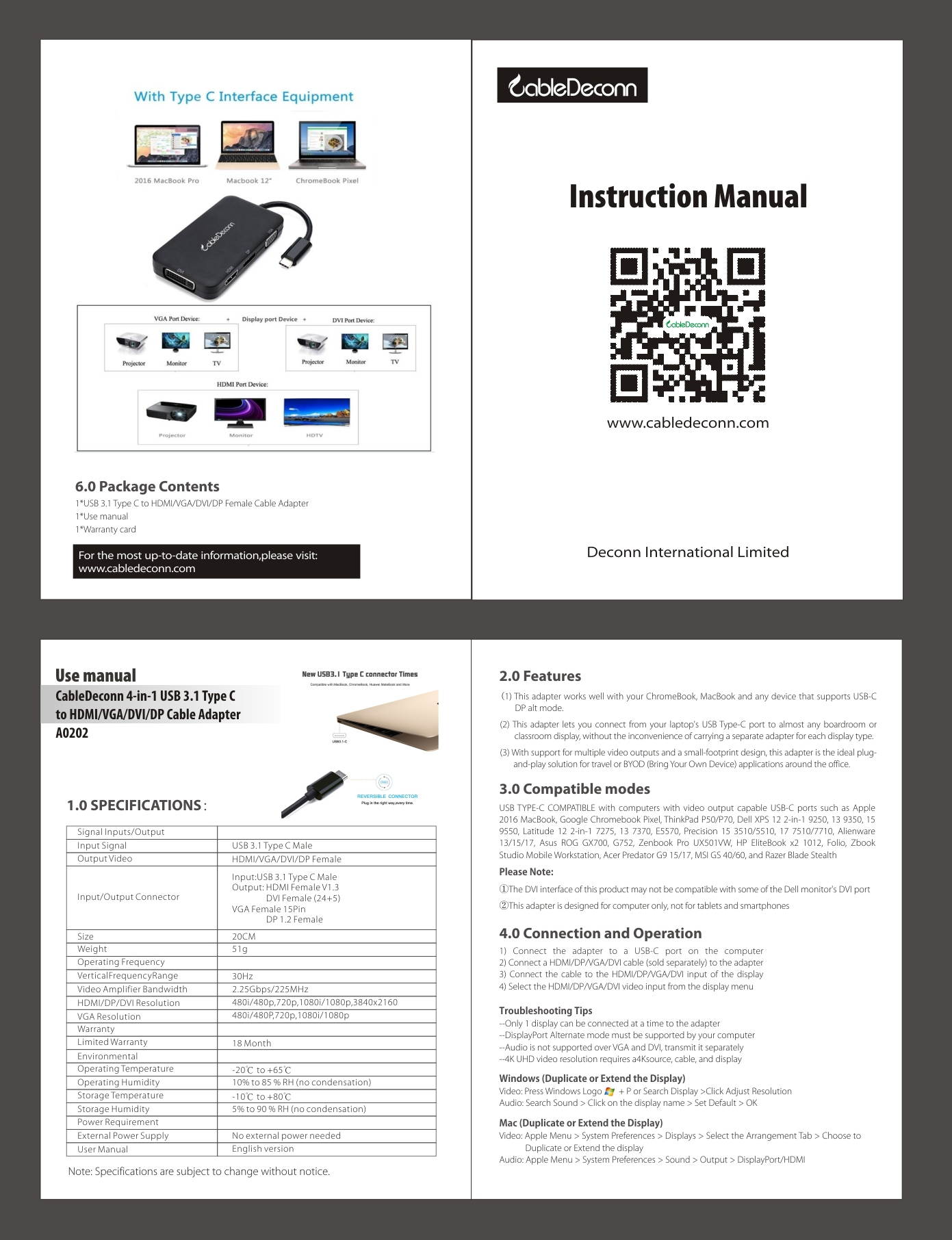 CableDeconn USB-C Type C 3.1 Multiport HUB To HDMI DP DVI VGA 4K Cable Adapter Converter For New Macbook