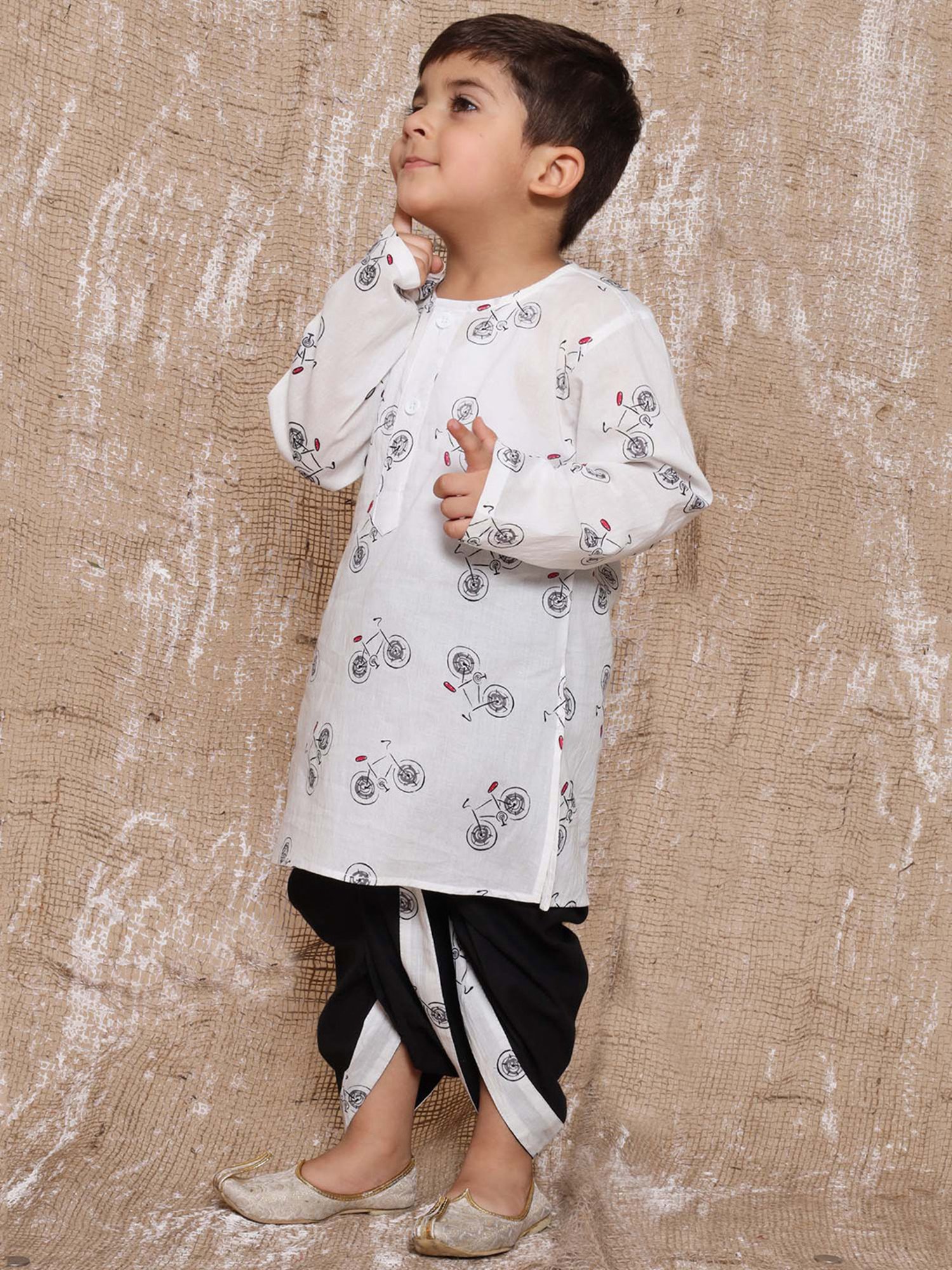 AJ Dezines Kids White & Black Printed Full Sleeves Kurta with Dhoti