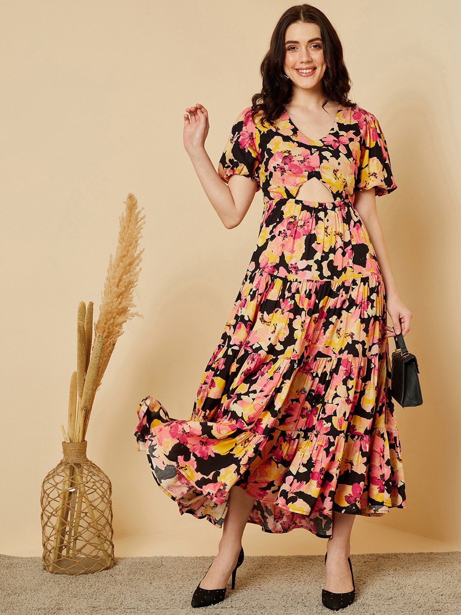 Magre Multicolor Floral Print Midi Dress