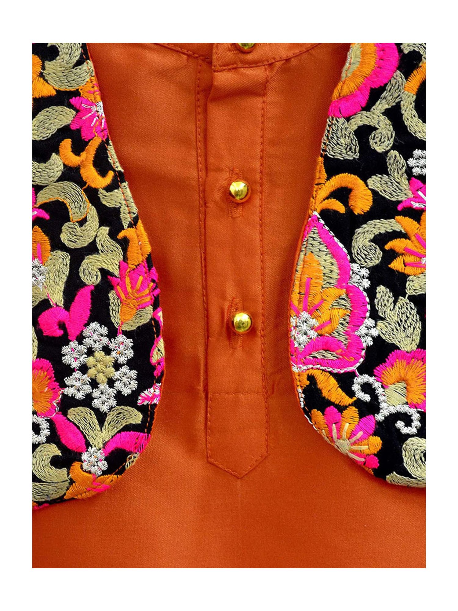 A.T.U.N. Orange & White Embroidered Full Sleeves Kurta with Jacket & Pyjamas
