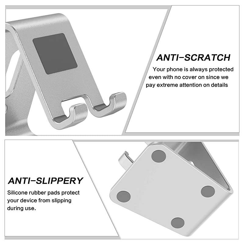 2 Pack  Cell Phone Stand Upgraded Aluminum Cell Phone Holder Phone Cradle with Protective Pads for Phone 12 Pro Max 11 XR XS 8 Plus SE iPad Mini and Android Phones Silver + Sliver