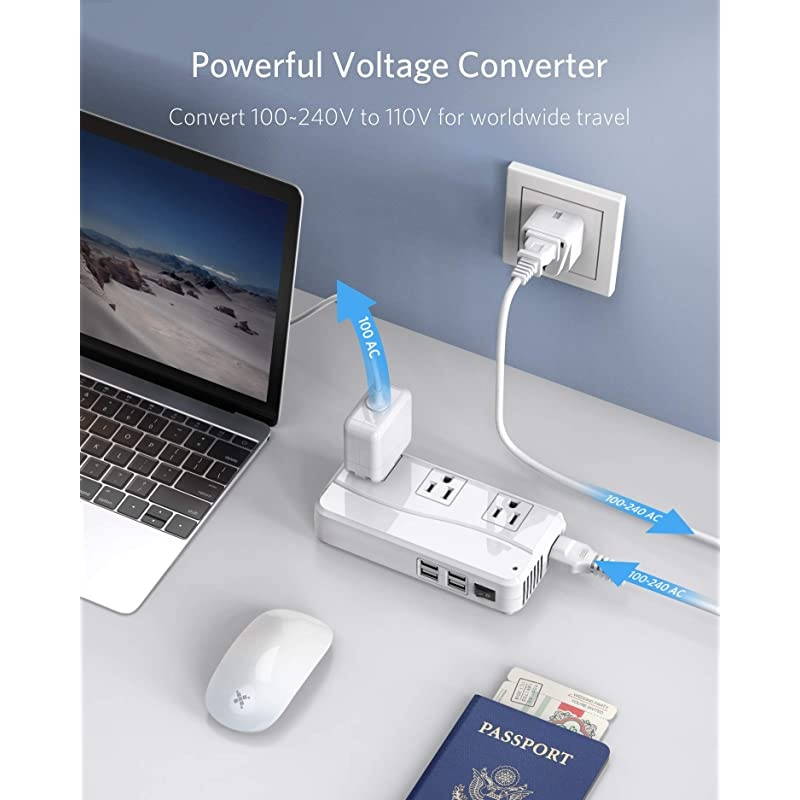 Universal Travel Adapter 220V to 110V Voltage Converter with 6A 4Port USB Charging and UKinAUUS Worldwide Plug Adapter White