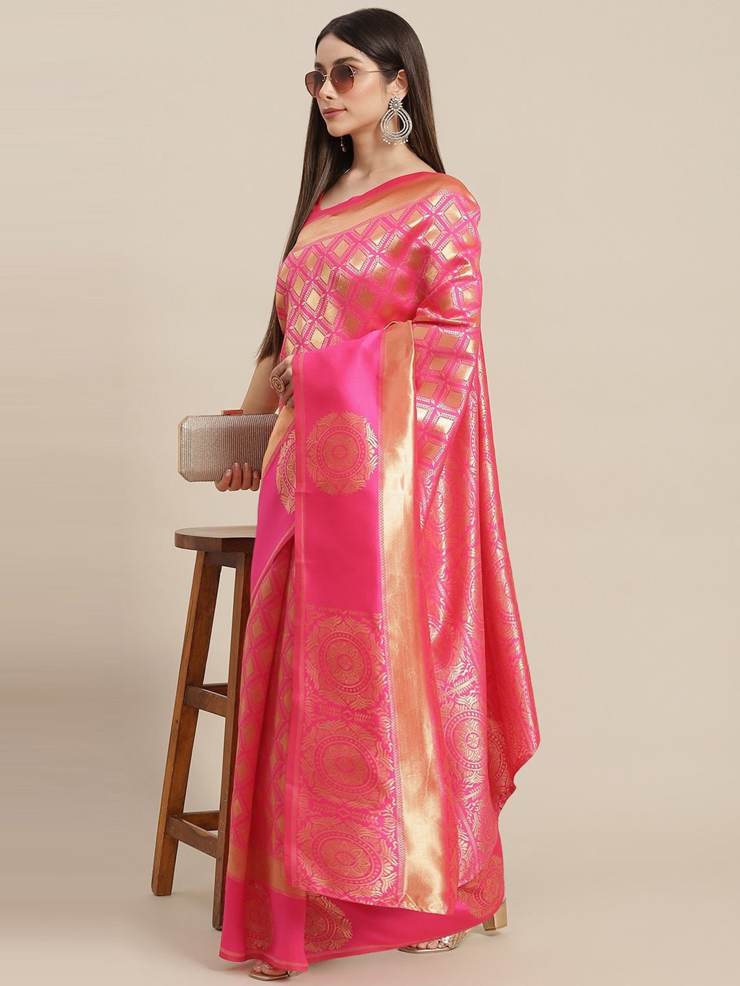 KSUT Pink Silk Woven Saree With Unstitched Blouse