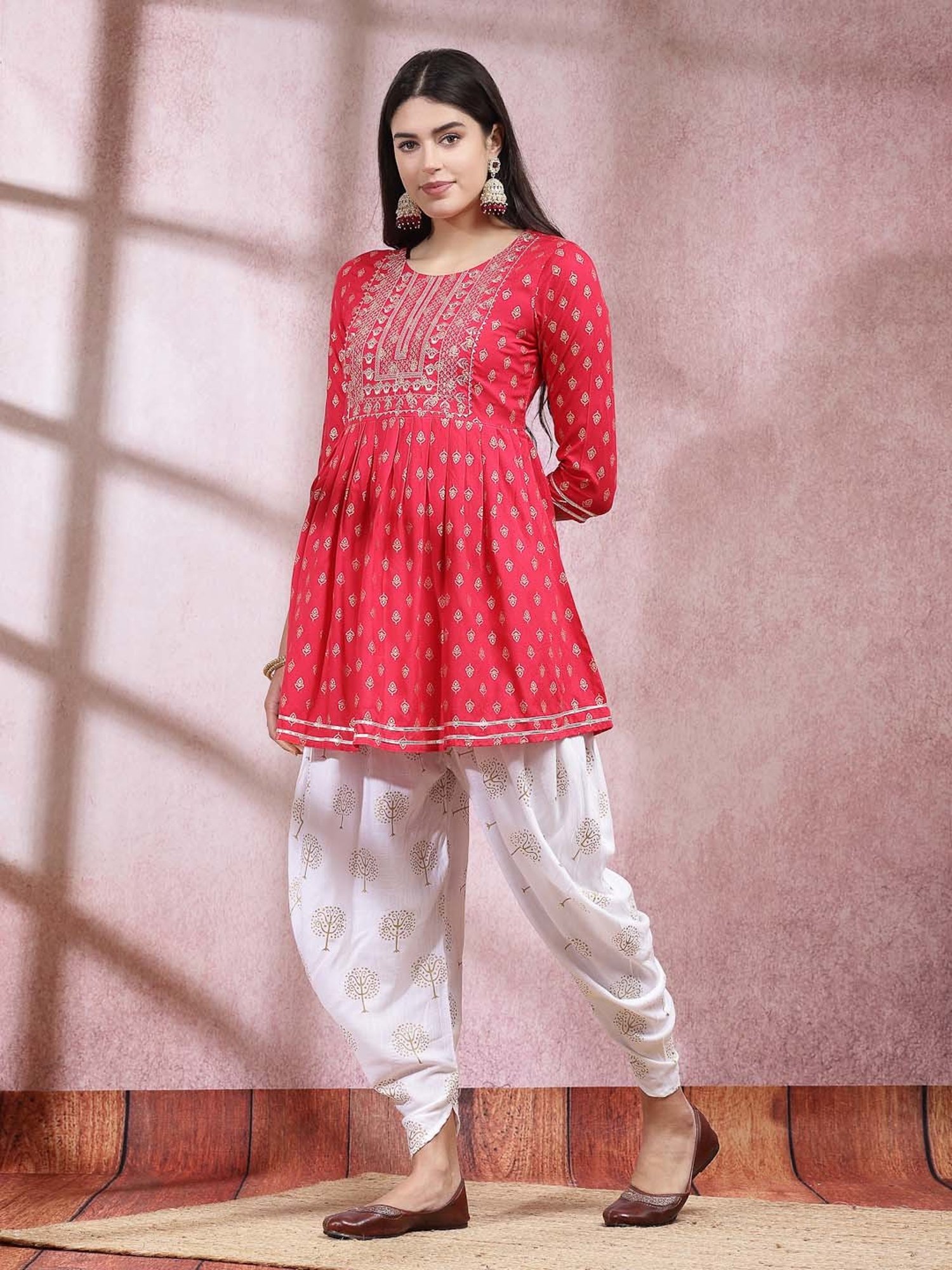 Stylum Pink & White Embroidered Kurti Dhoti Pant Set
