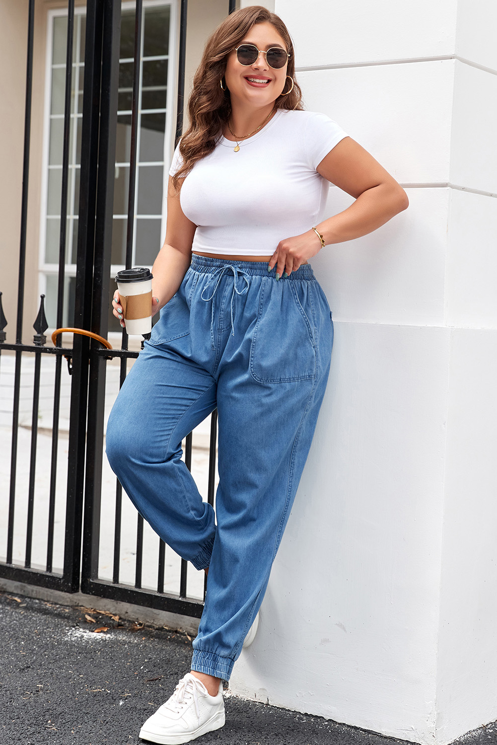 Dark Blue Plus Size Stitching Washed Flare Jeans