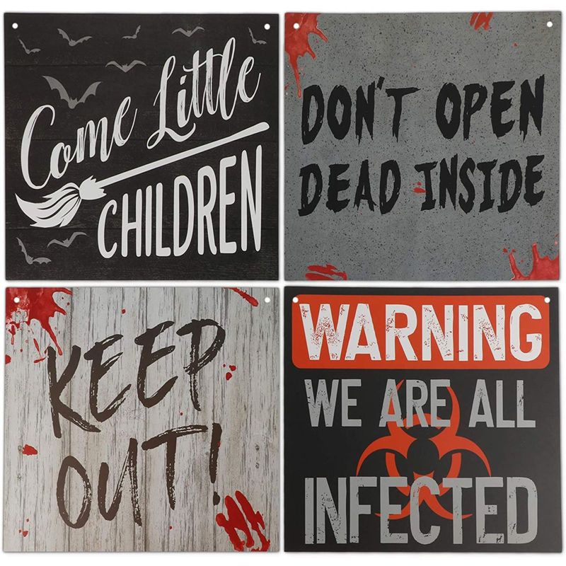 Spooky Central 12 Pack Halloween Party Decorations, Beware Signs with Rope (11.8 x 9.8 In)