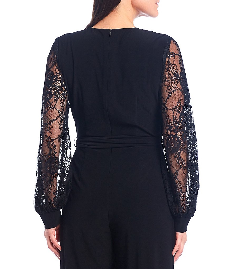 Jessica Howard Long Lace Sleeve Tie Waist V-Neck Jumpsuit with Pockets