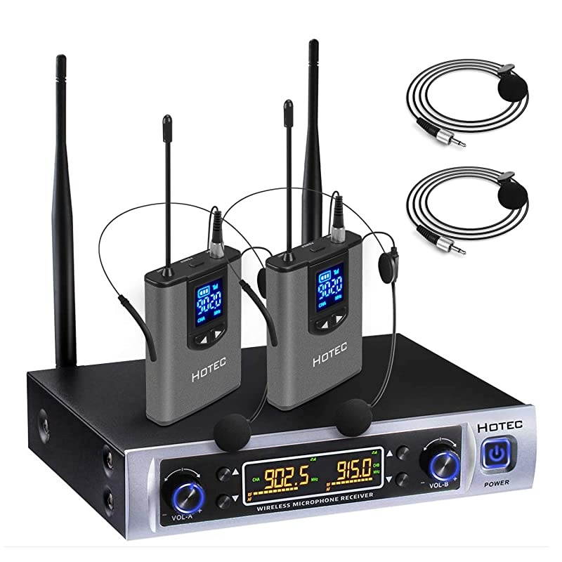 UHF Dual Wireless Microphone System with Lapel Lavalier and Headset Microphones Over PA Mixer Speaker Karaoke Machine for Church Training Classroom Interview HK25