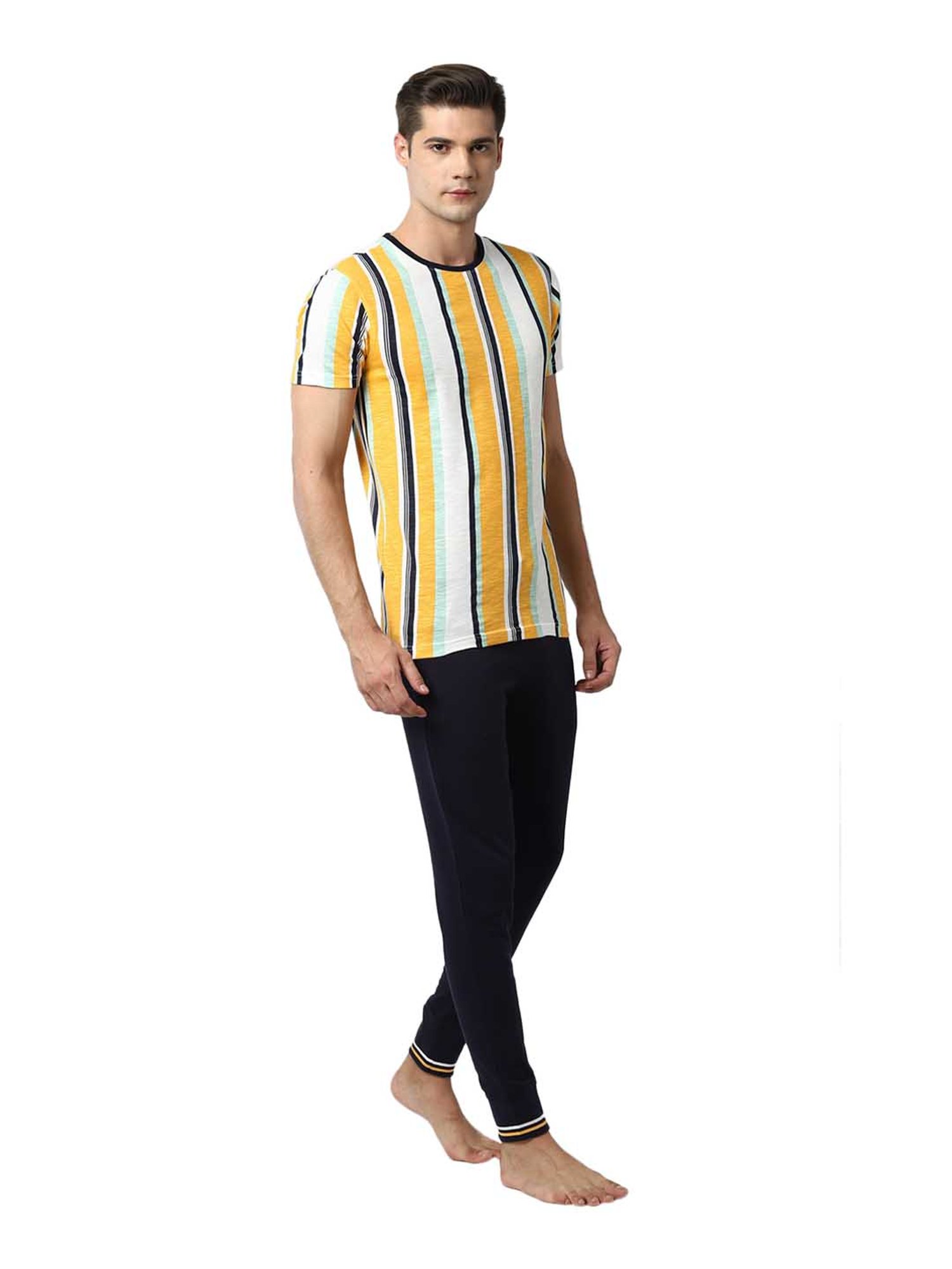Peter England Yellow Regular Fit Striped T-Shirt & Joggers Set