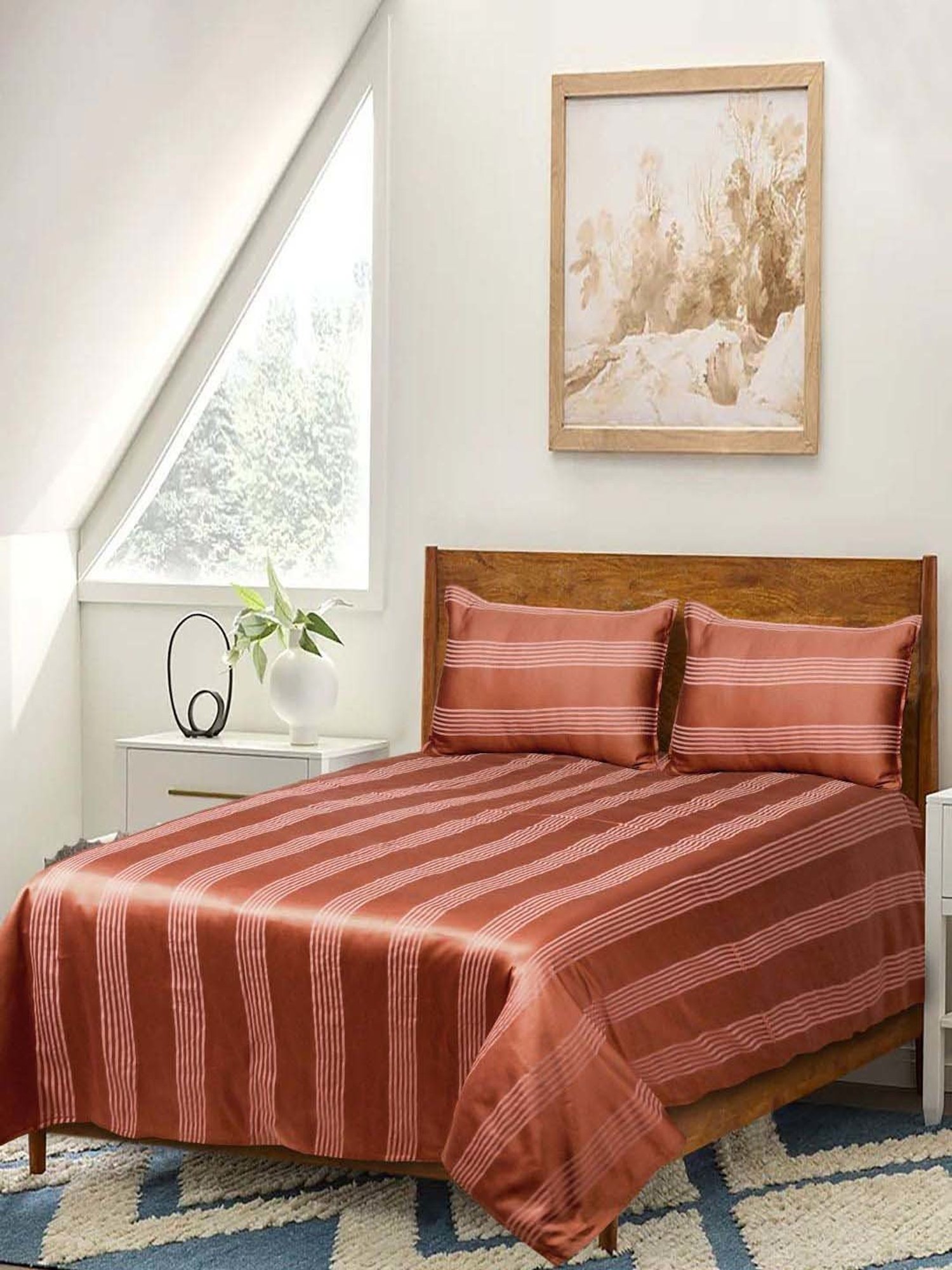 Saral Home Easy Living Rust Cotton Dhari Soft Self Pattern Queen Bed Sheet With Pillow Covers